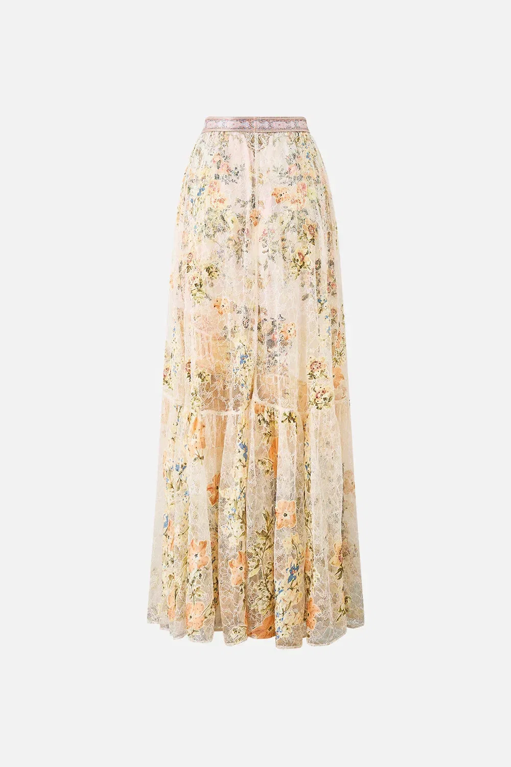 Camilla Twilight in Istanbul Waistband Ruffle Hem Floral Maxi Skirt in Beige