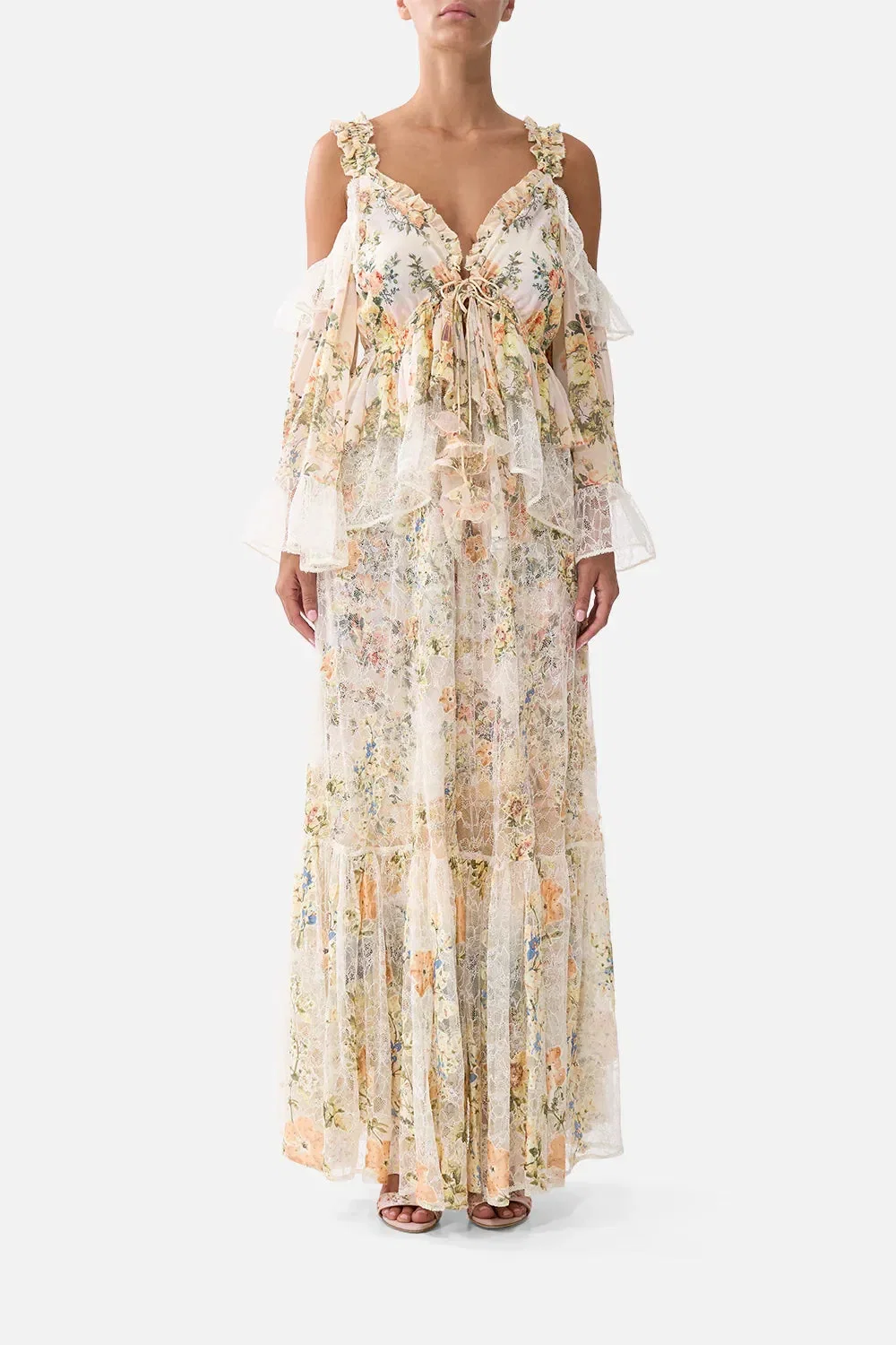 Camilla Twilight in Istanbul Waistband Ruffle Hem Floral Maxi Skirt in Beige