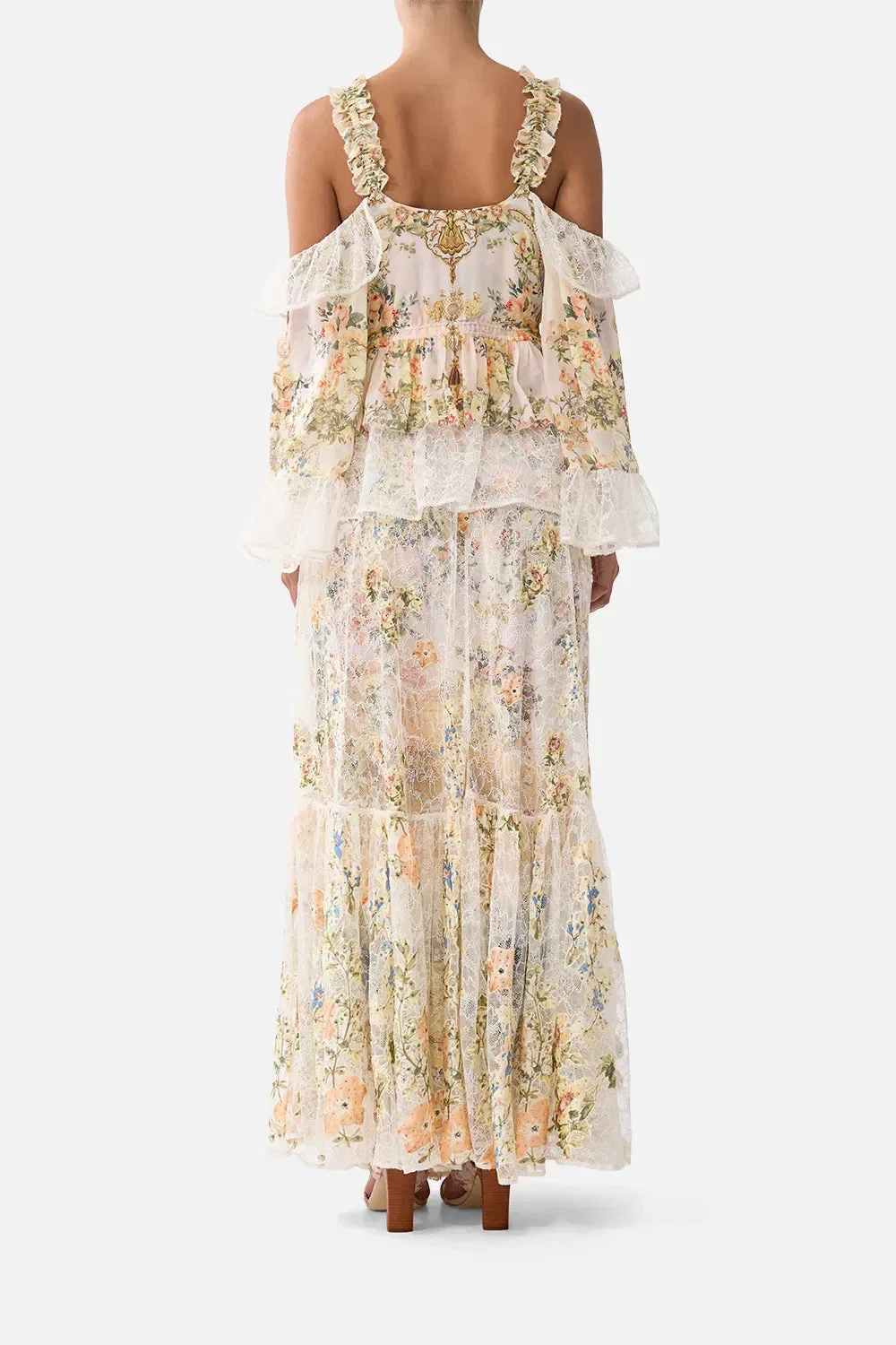 Camilla Twilight in Istanbul Waistband Ruffle Hem Floral Maxi Skirt in Beige