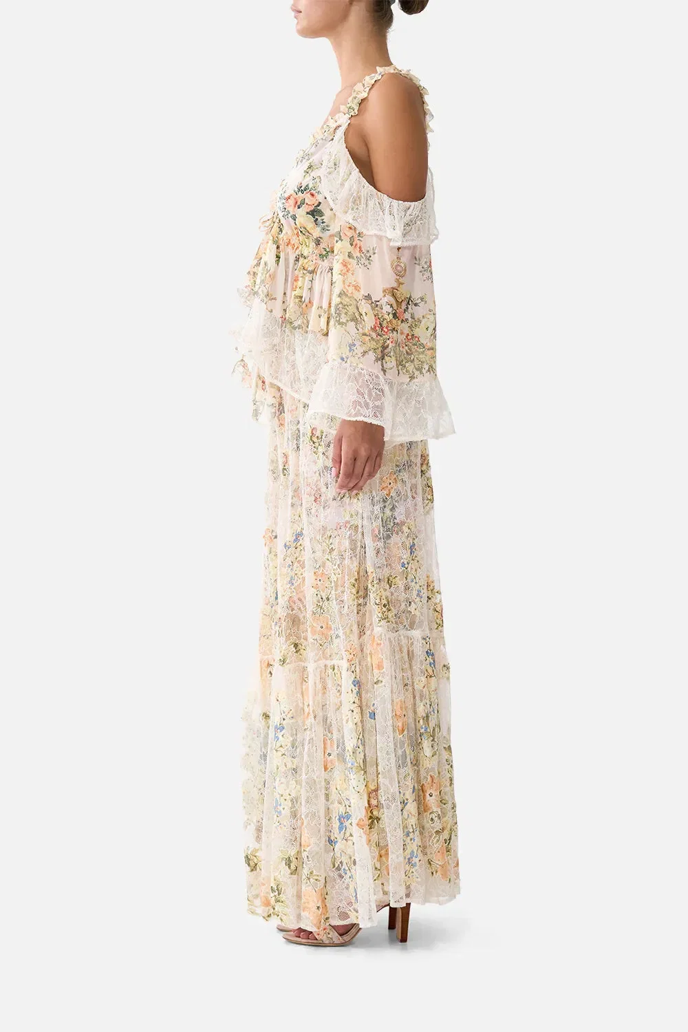Camilla Twilight in Istanbul Waistband Ruffle Hem Floral Maxi Skirt in Beige