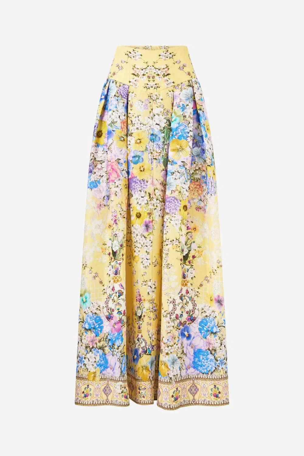 Camilla Darling Buds Corset Waist Floral Linen Silk Maxi Skirt in Yellow