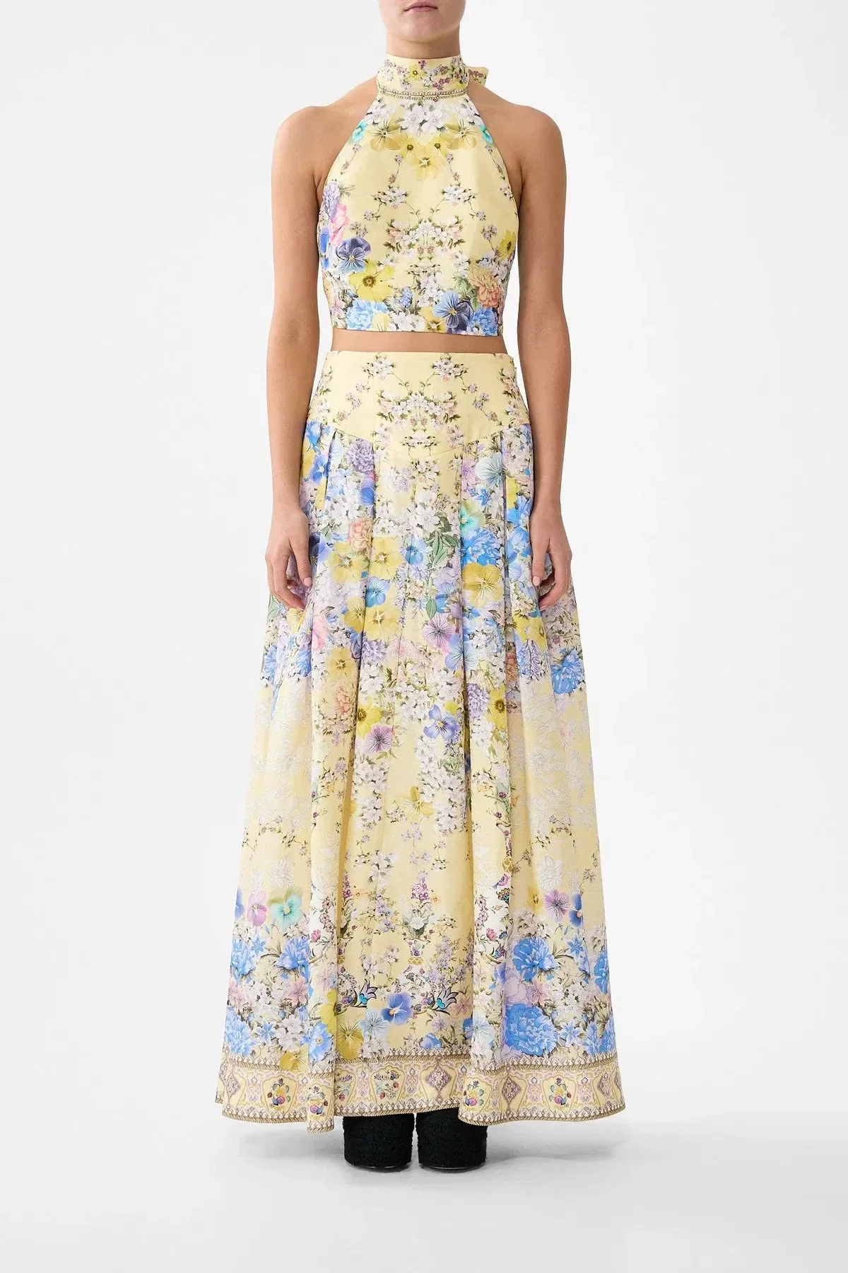 Camilla Darling Buds Corset Waist Floral Linen Silk Maxi Skirt in Yellow