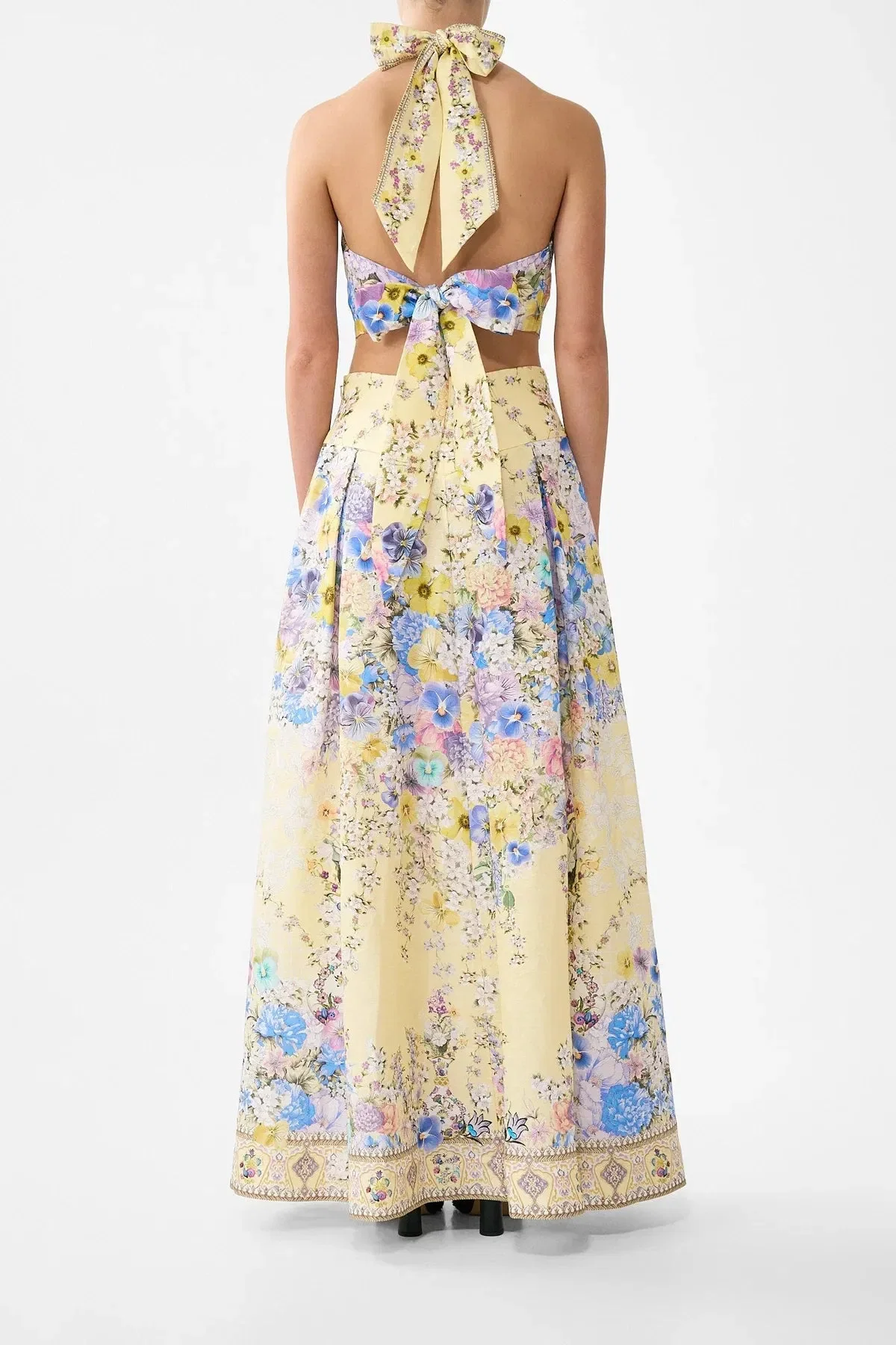 Camilla Darling Buds Corset Waist Floral Linen Silk Maxi Skirt in Yellow