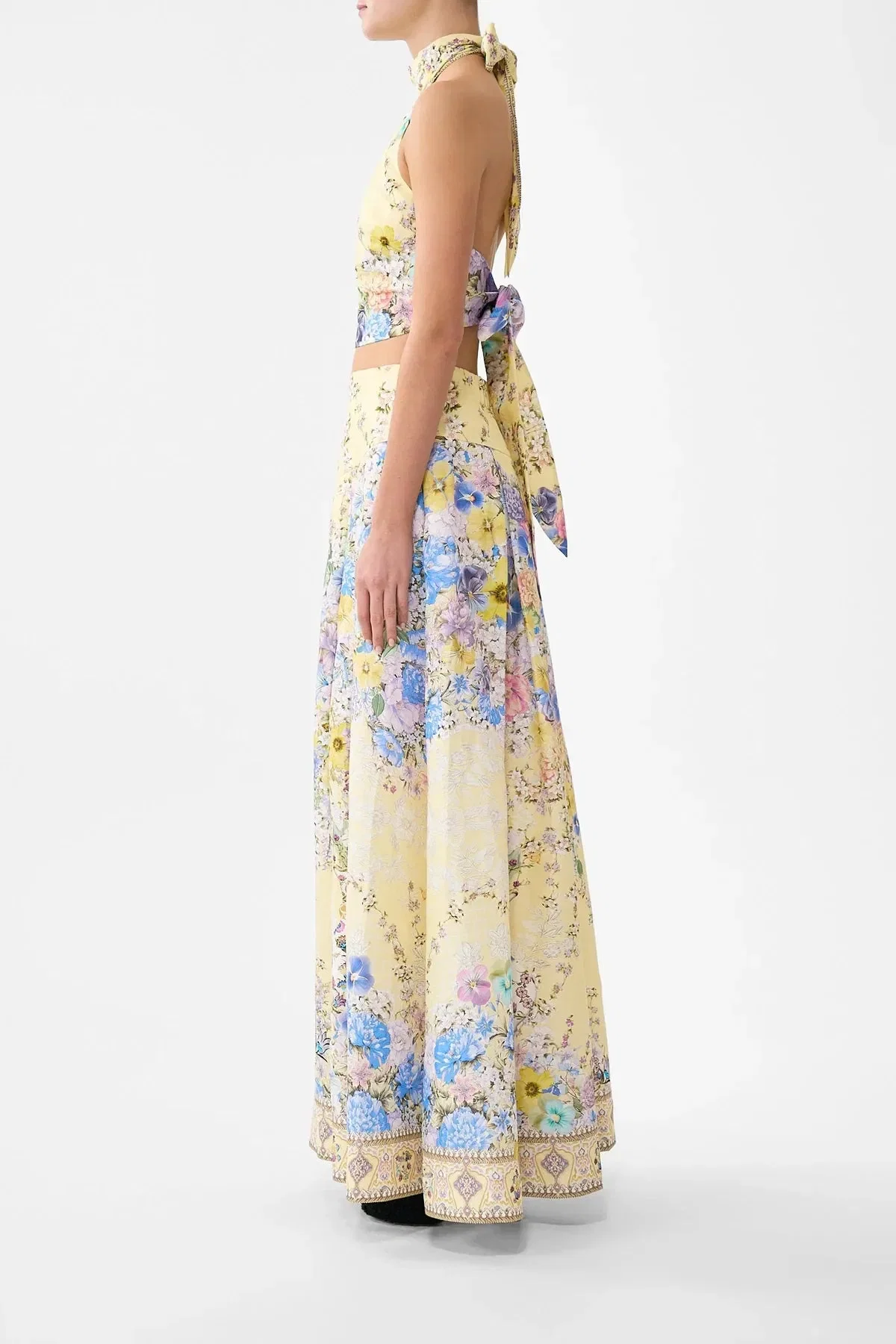 Camilla Darling Buds Corset Waist Floral Linen Silk Maxi Skirt in Yellow