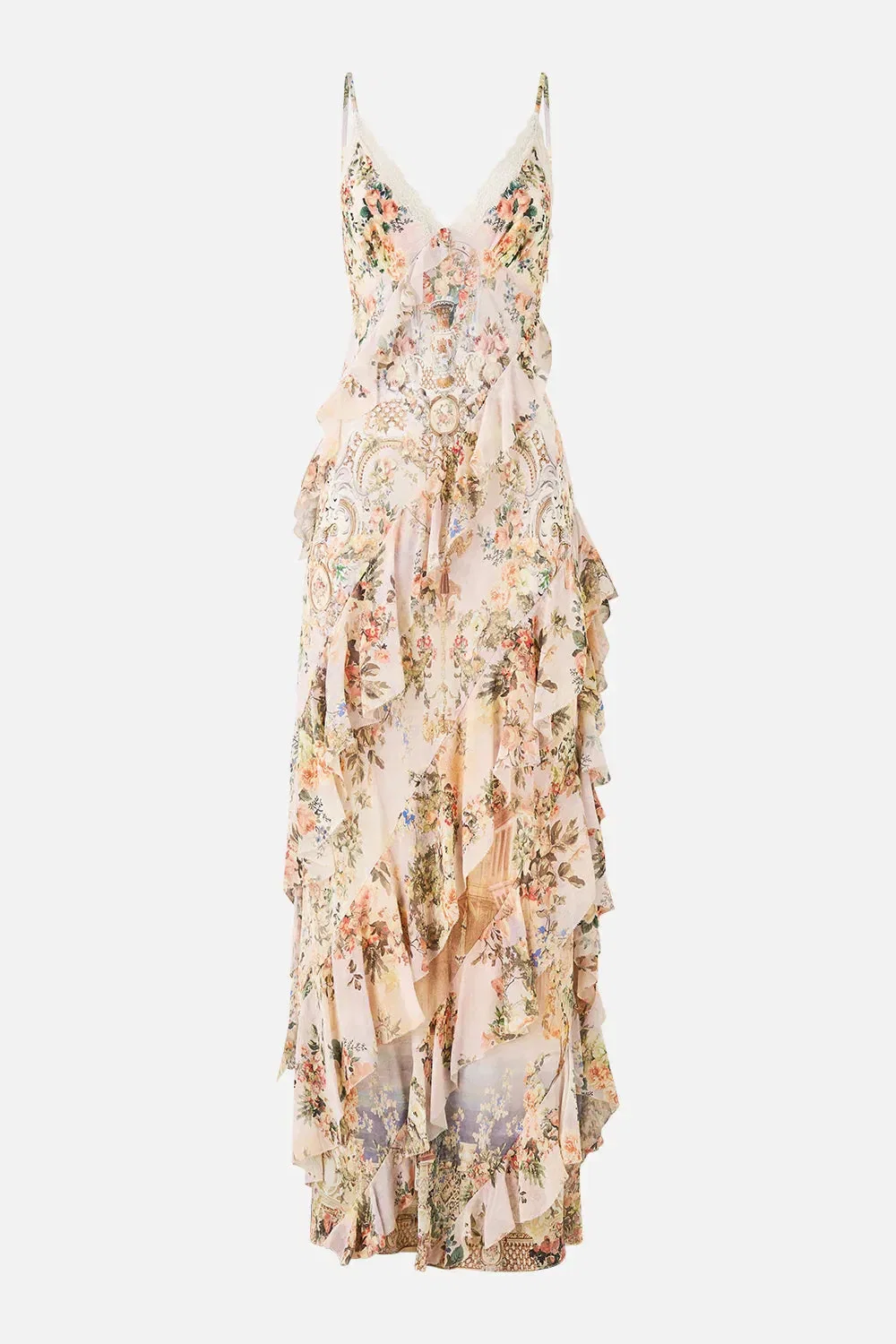 Camilla Twilight in Istanbul Sleeveless Asymmetrical Ruffle Floral Slip Silk Maxi Dress in Beige