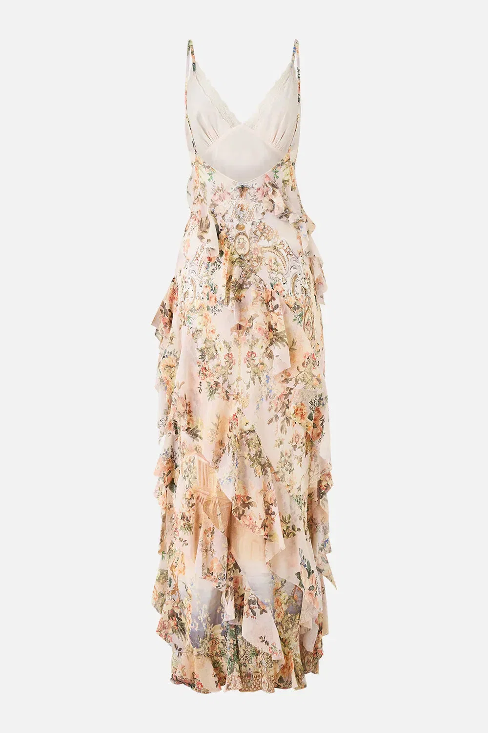 Camilla Twilight in Istanbul Sleeveless Asymmetrical Ruffle Floral Slip Silk Maxi Dress in Beige