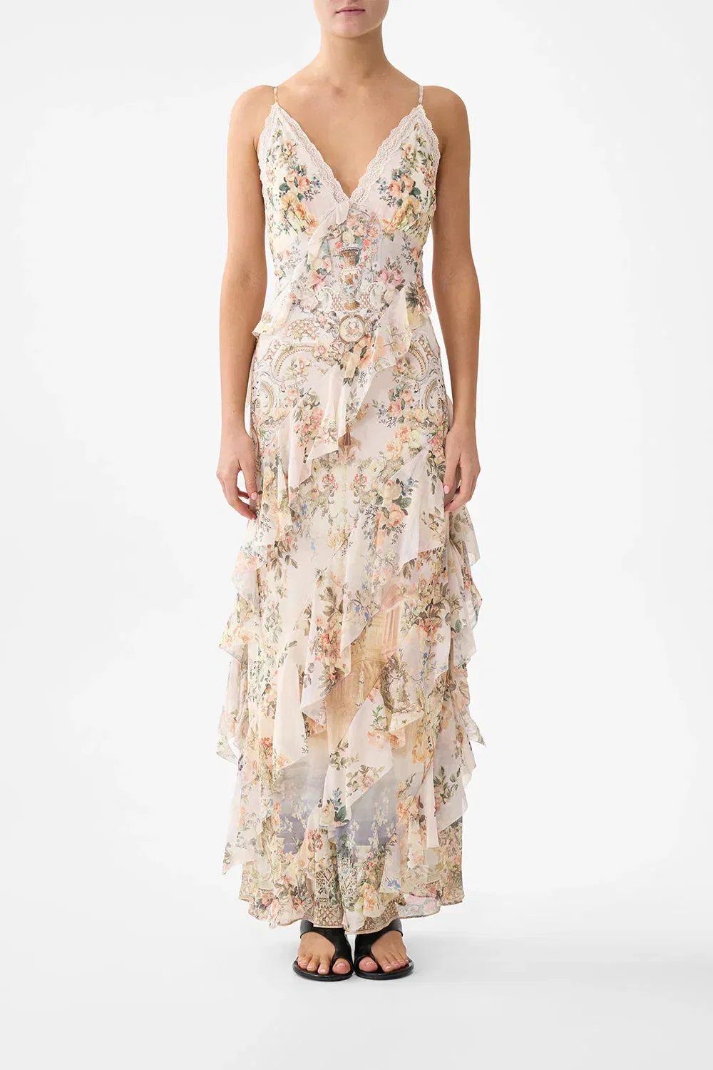 Camilla Twilight in Istanbul Sleeveless Asymmetrical Ruffle Floral Slip Silk Maxi Dress in Beige