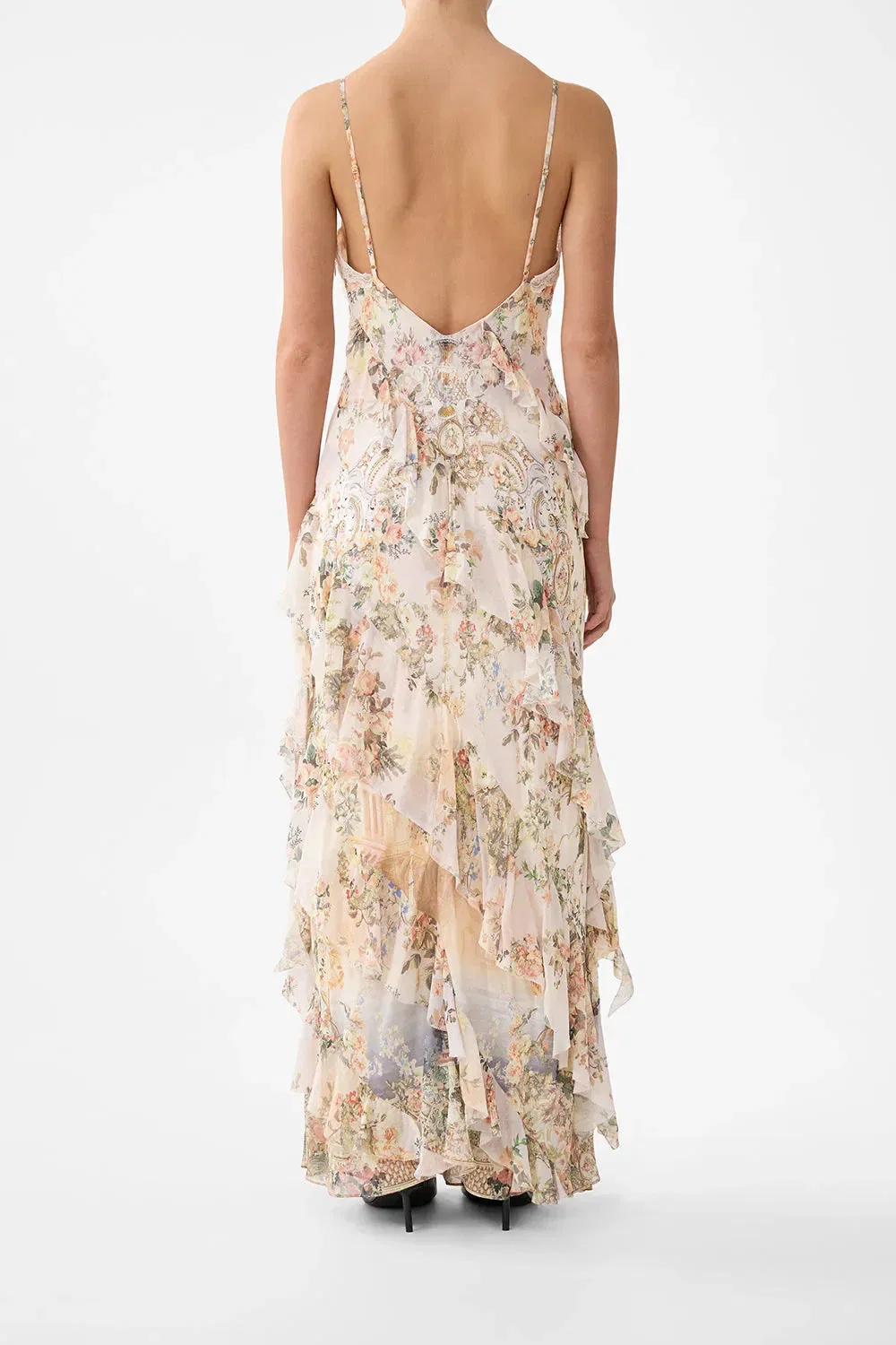 Camilla Twilight in Istanbul Sleeveless Asymmetrical Ruffle Floral Slip Silk Maxi Dress in Beige