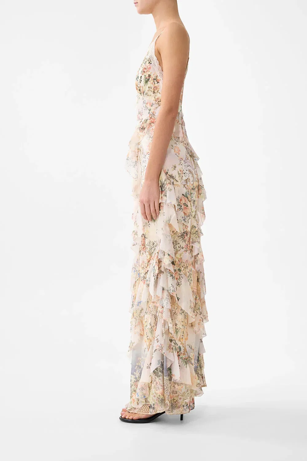 Camilla Twilight in Istanbul Sleeveless Asymmetrical Ruffle Floral Slip Silk Maxi Dress in Beige