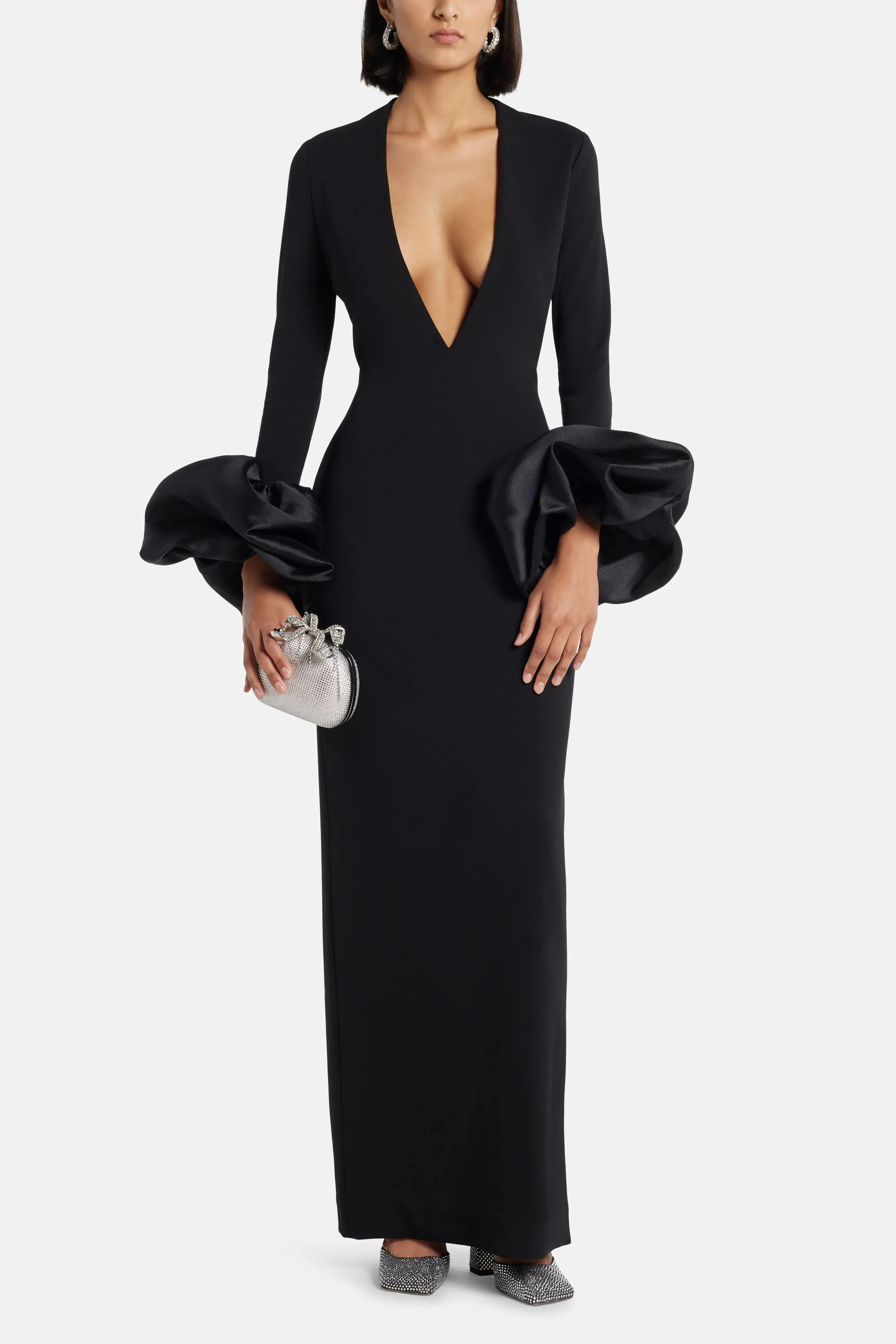Solace London Valerie Deep V Neck Evening Dress in Black