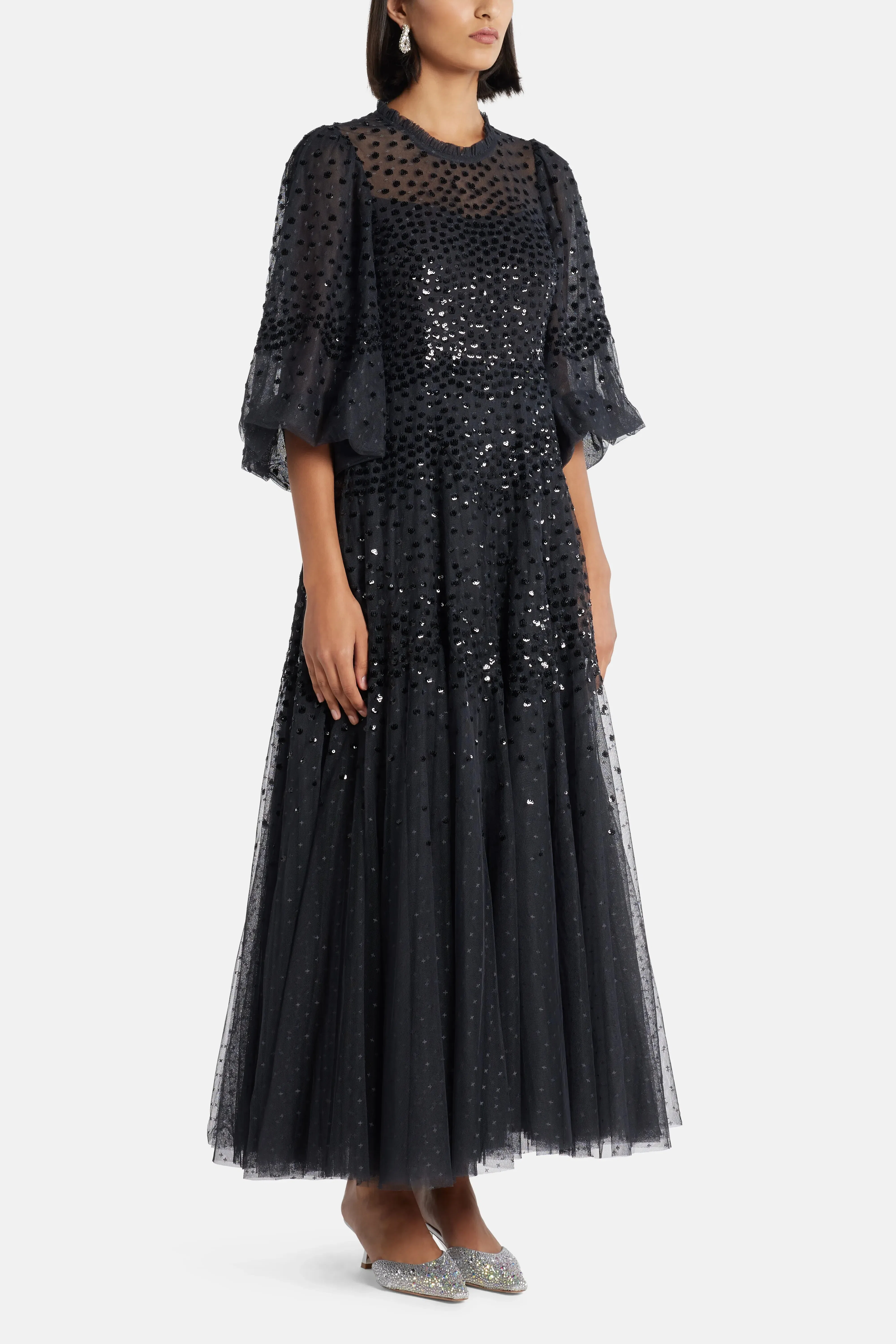 Needle & Thread Scallop Sequin Evening Dress in Black