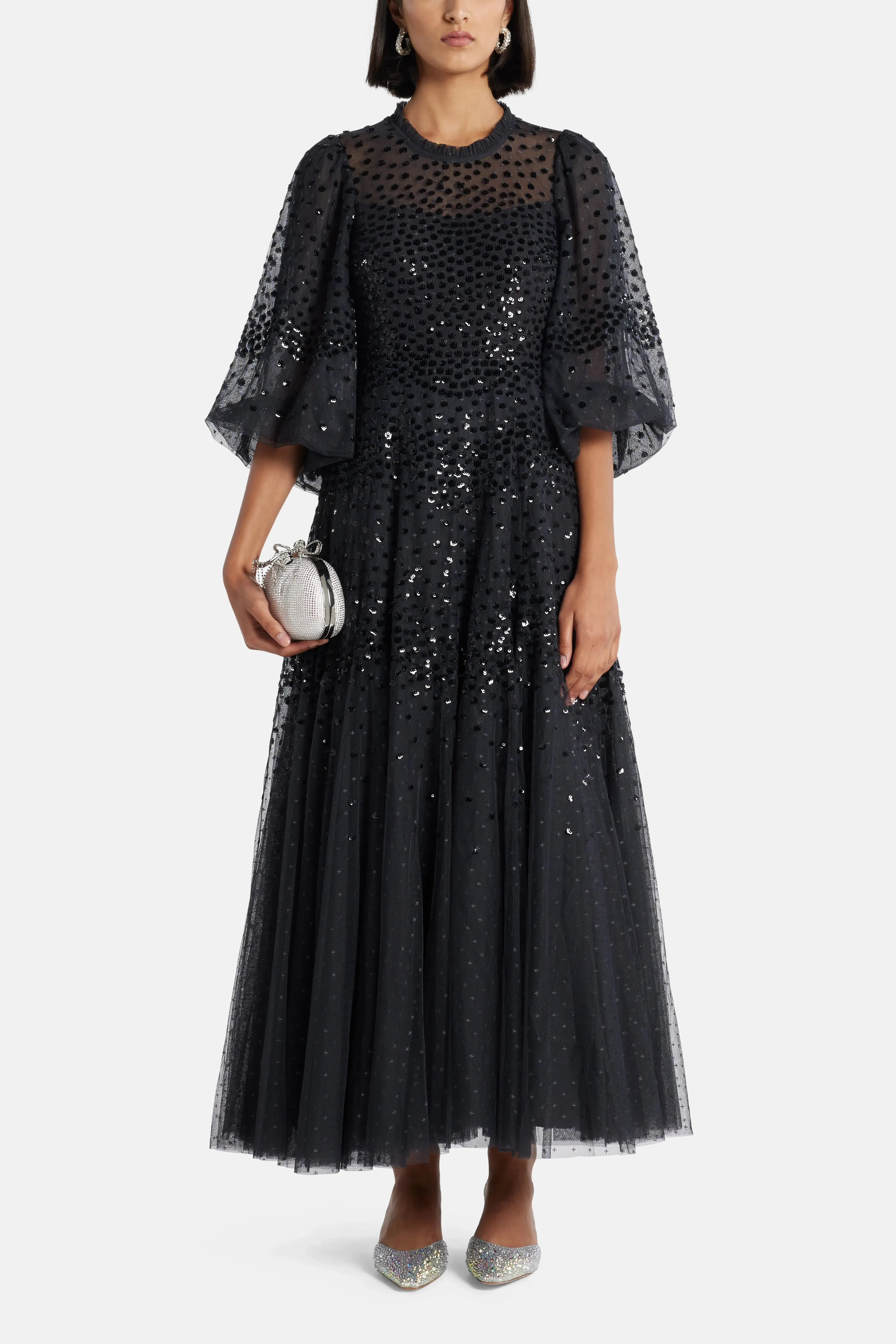 Needle & Thread Scallop Sequin Evening Dress in Black