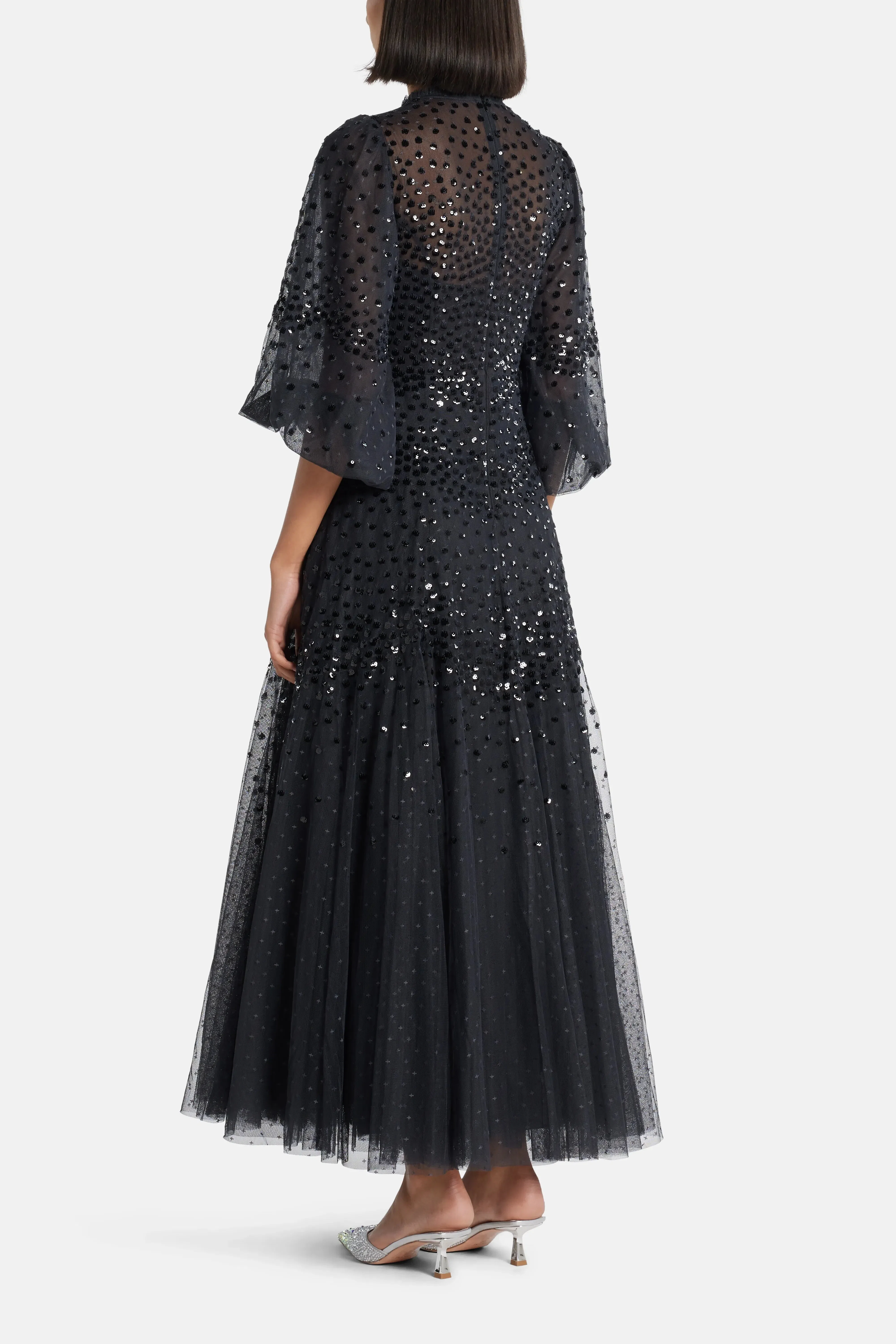 Needle & Thread Scallop Sequin Evening Dress in Black
