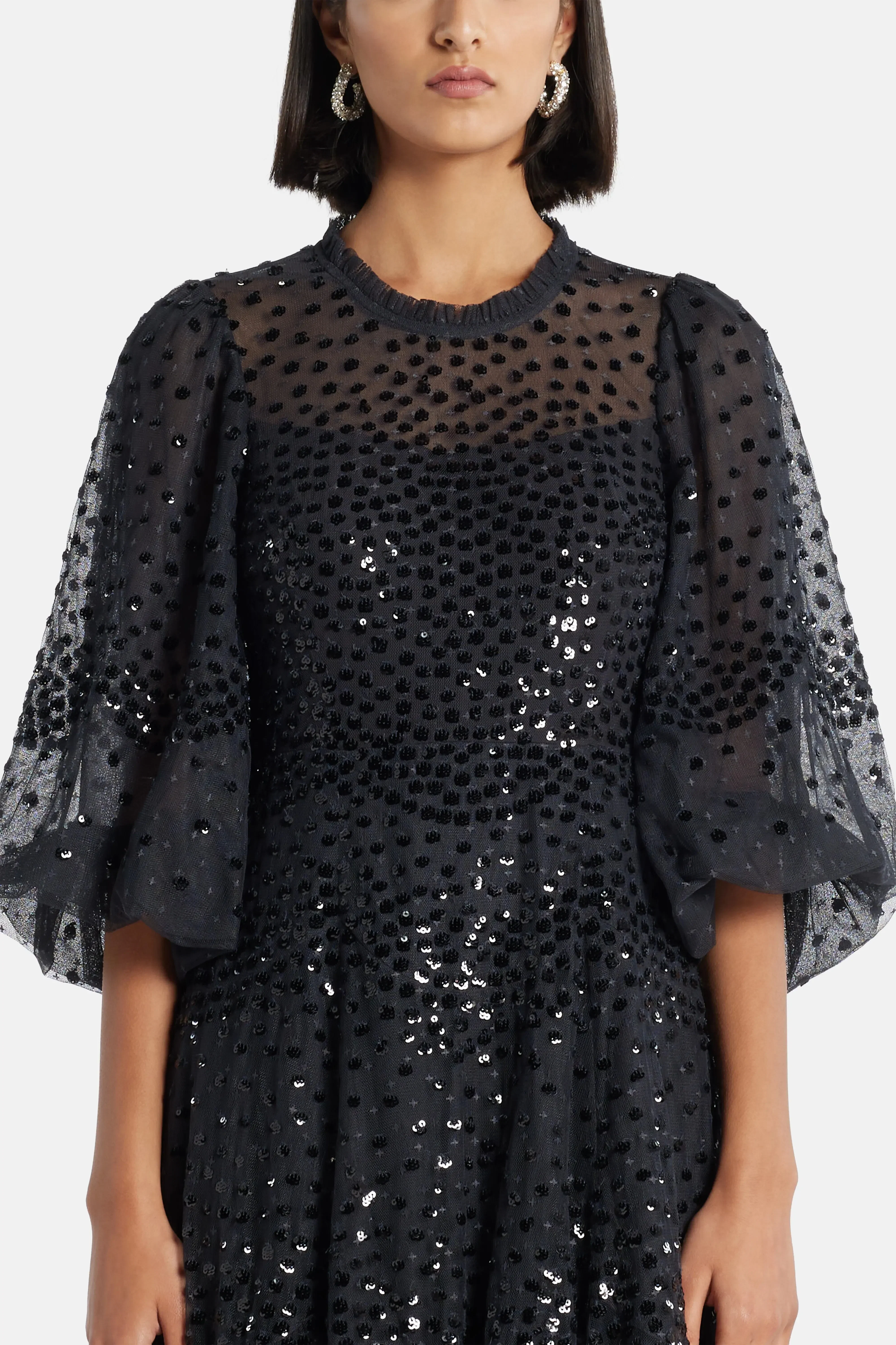 Needle & Thread Scallop Sequin Evening Dress in Black