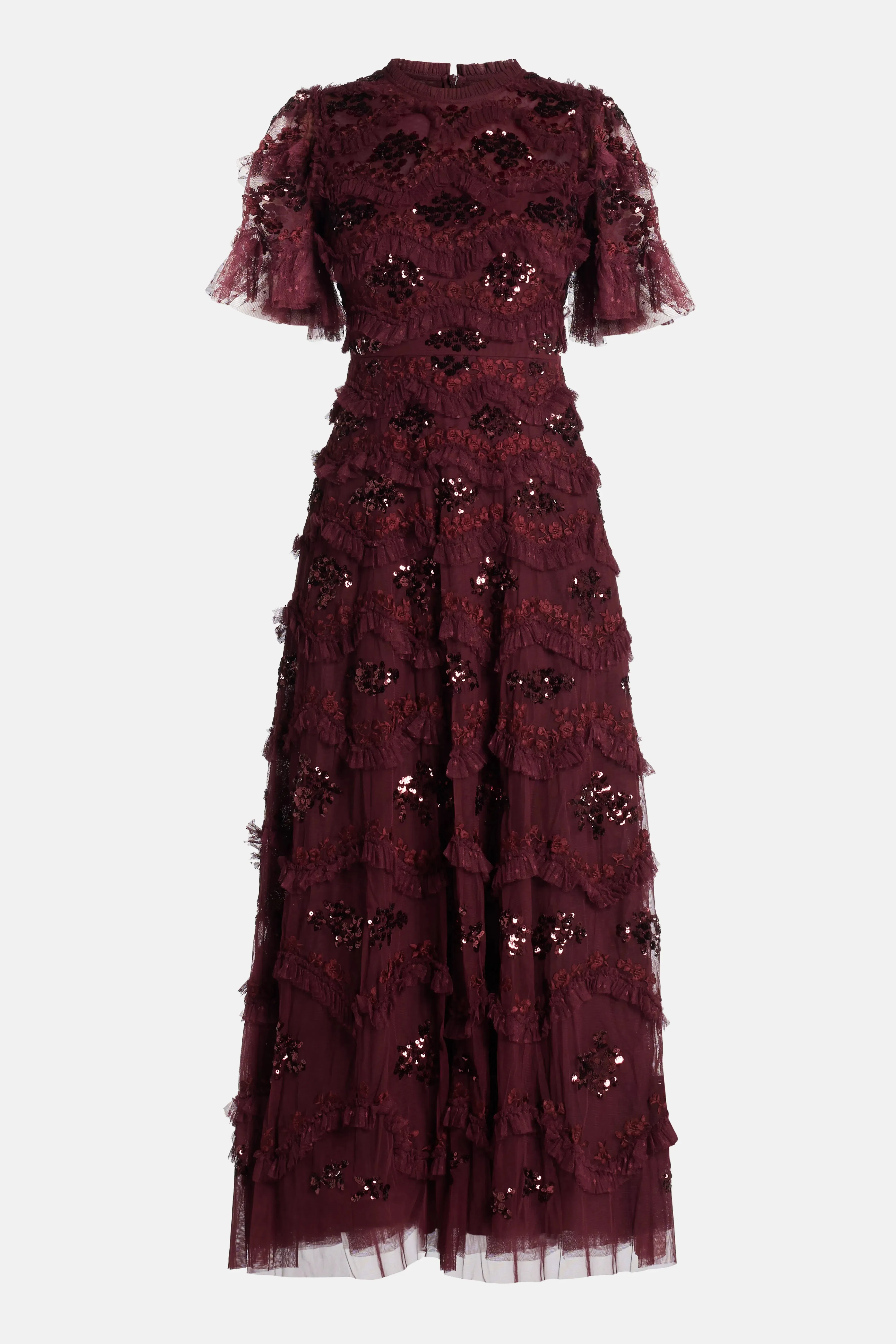 Needle & Thread Daisy Wave Sequin Evening Dress in Maroon