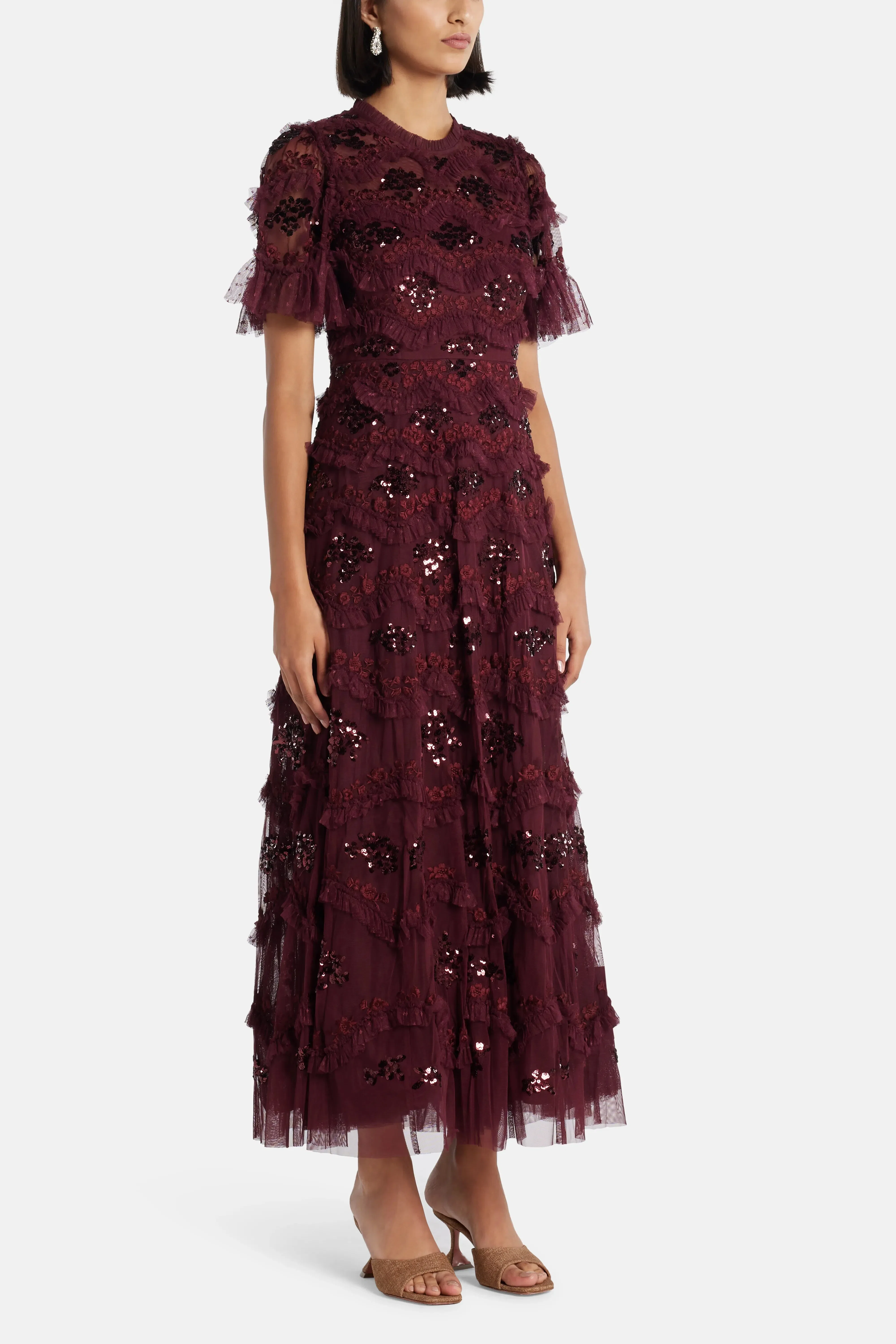 Needle & Thread Daisy Wave Sequin Evening Dress in Maroon