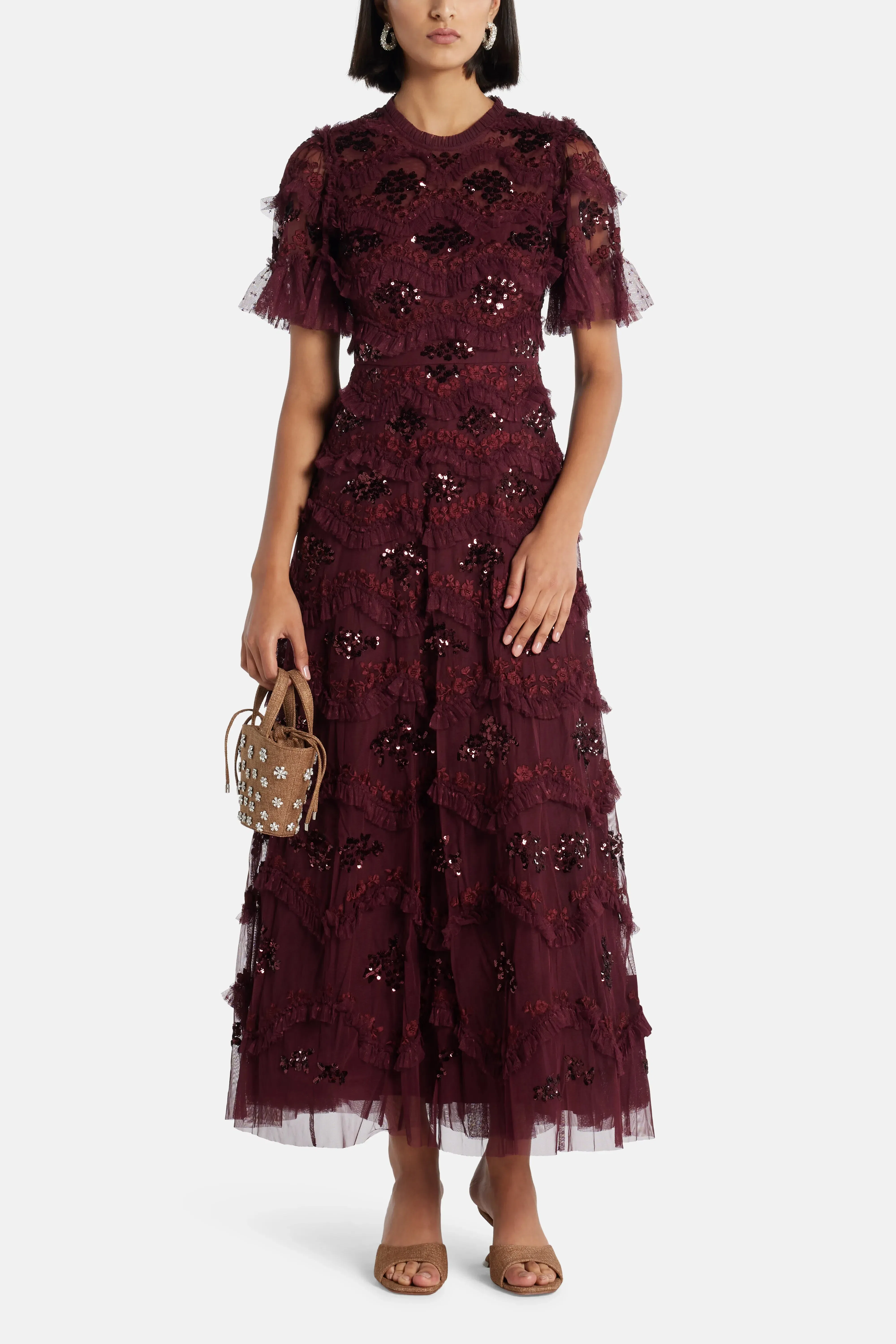Needle & Thread Daisy Wave Sequin Evening Dress in Maroon