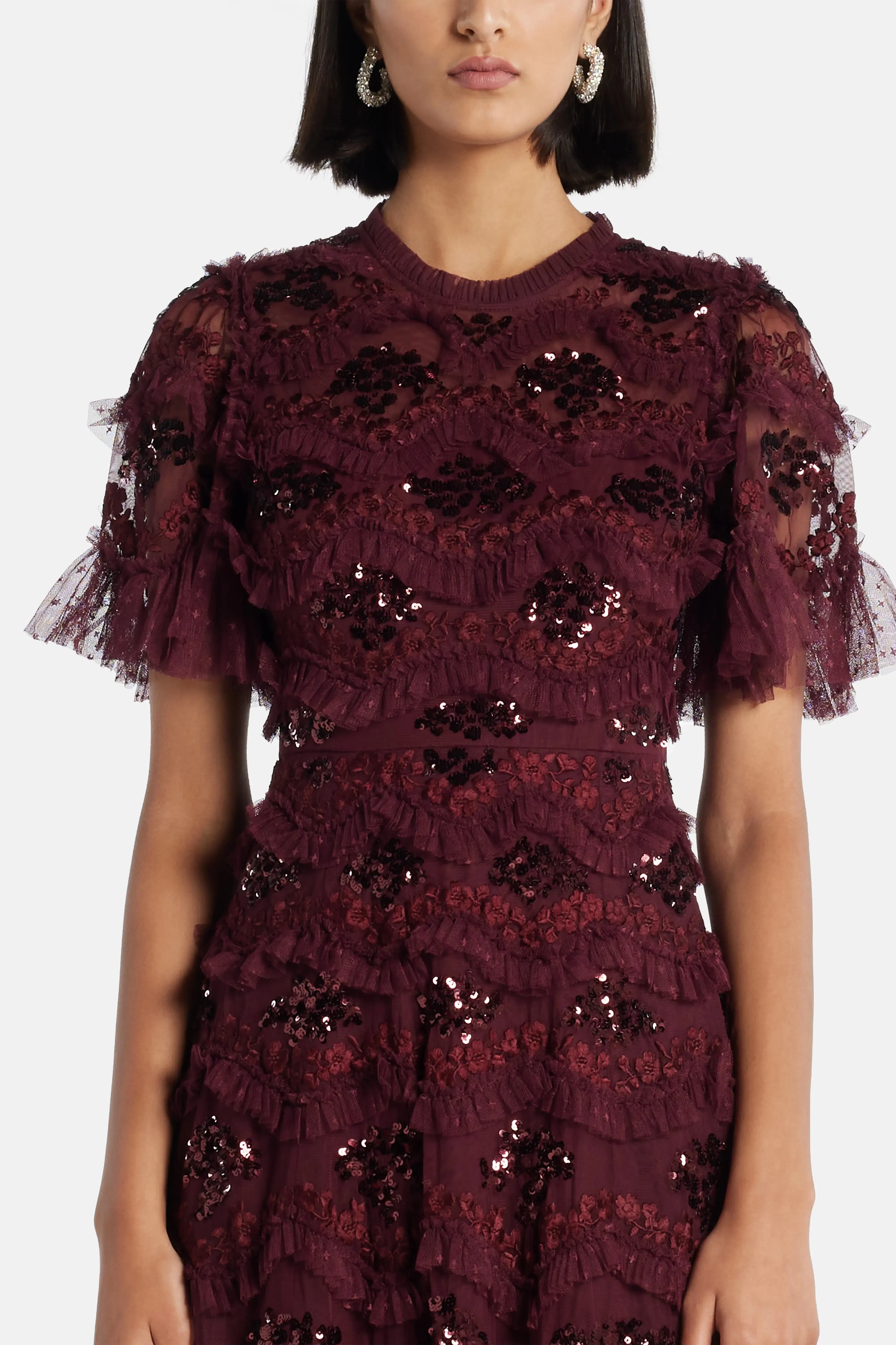 Needle & Thread Daisy Wave Sequin Evening Dress in Maroon