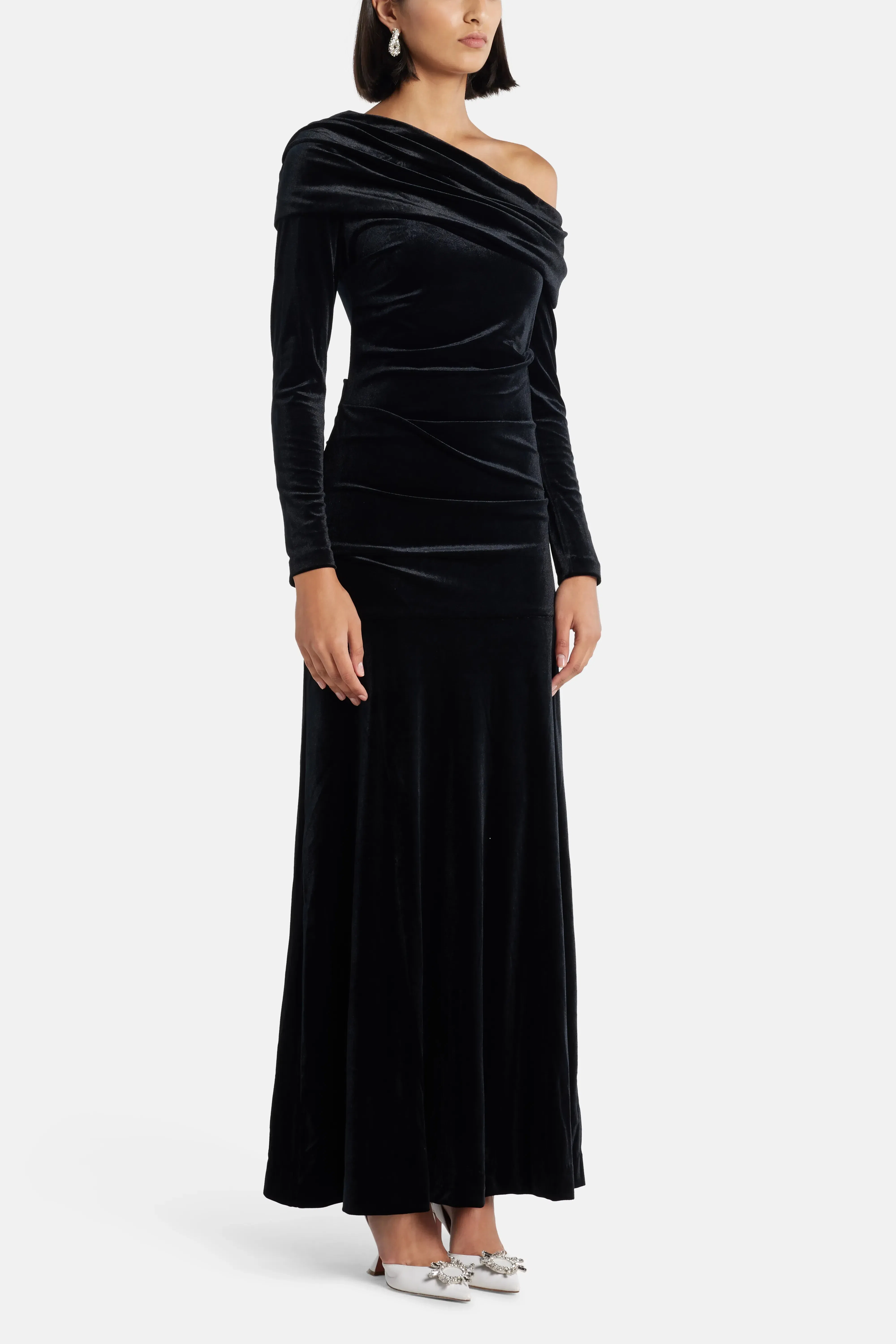 Needle & Thread Nova One Shoulder Velvet Evening Dress in Black