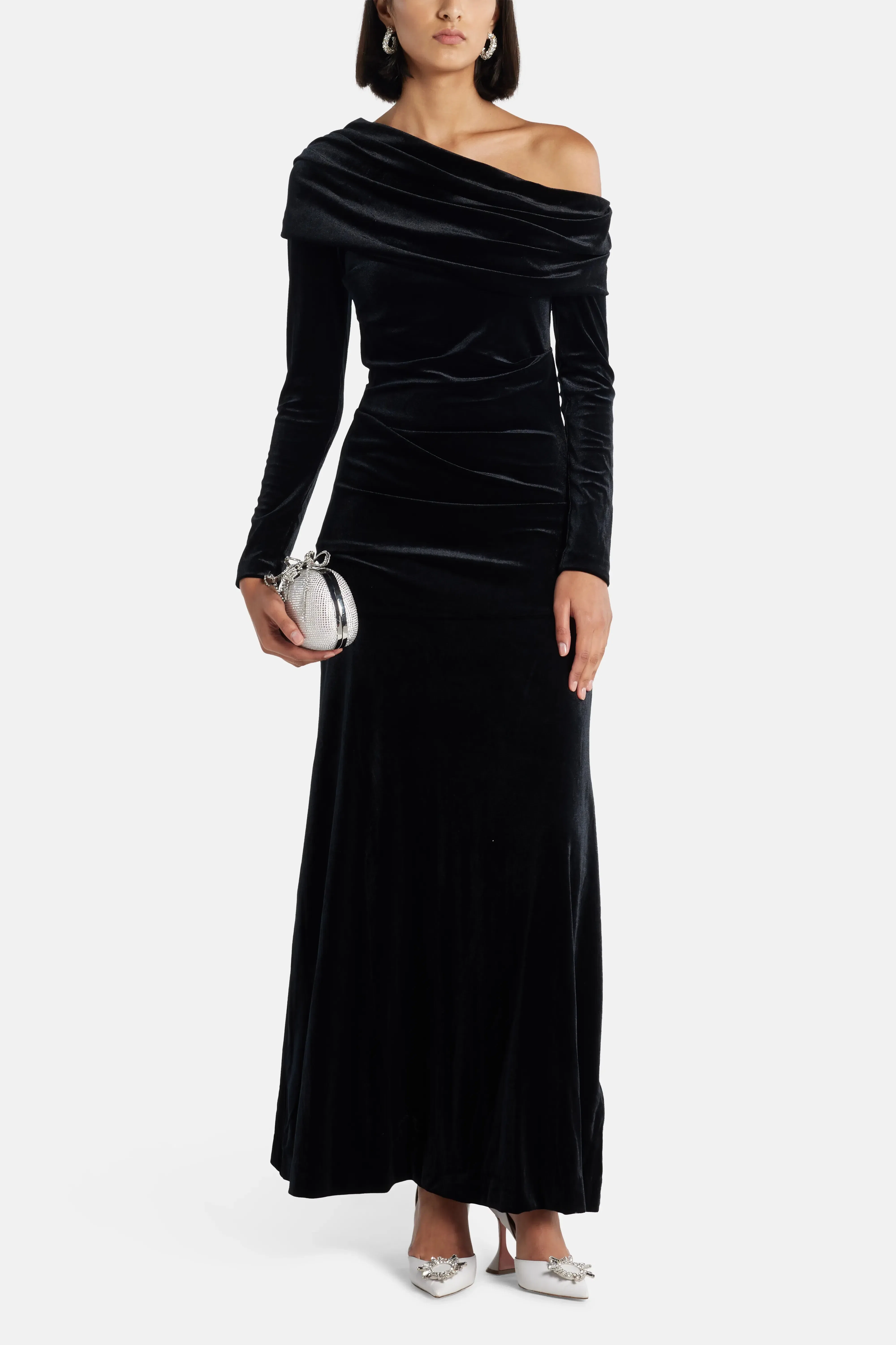 Needle & Thread Nova One Shoulder Velvet Evening Dress in Black