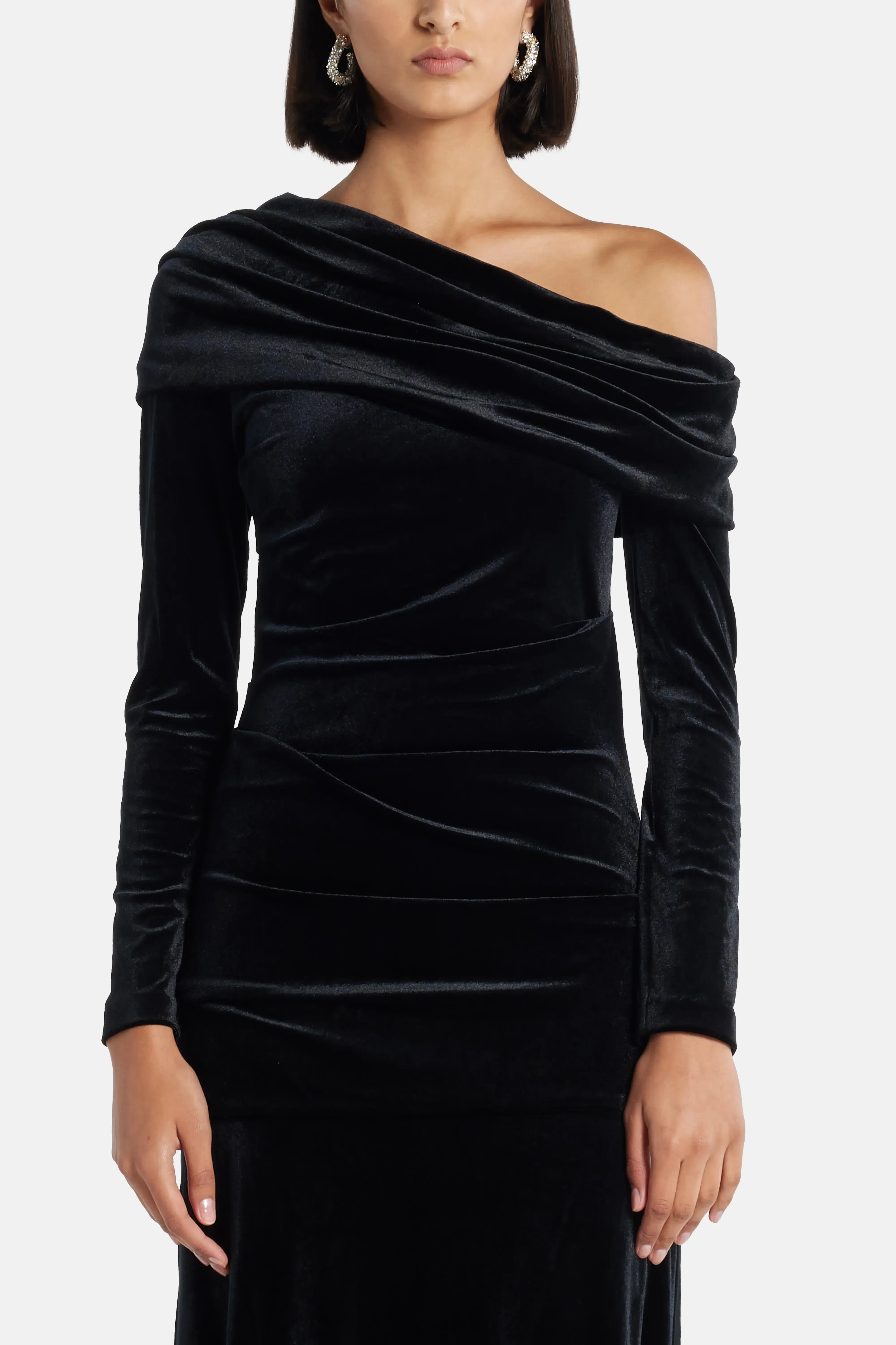 Needle & Thread Nova One Shoulder Velvet Evening Dress in Black