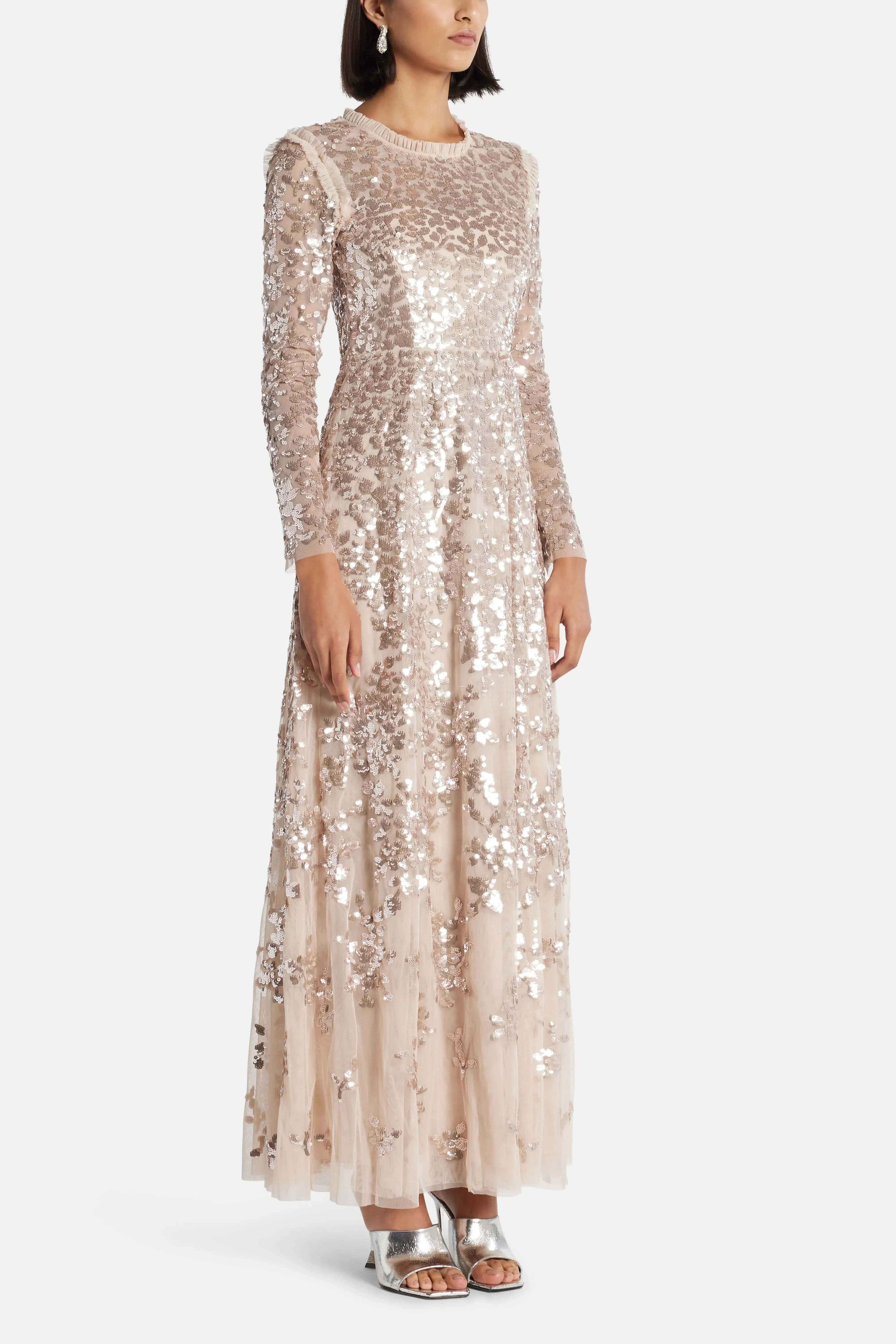 Needle & Thread Rosanna Lattice Sequin Evening Dress in Beige