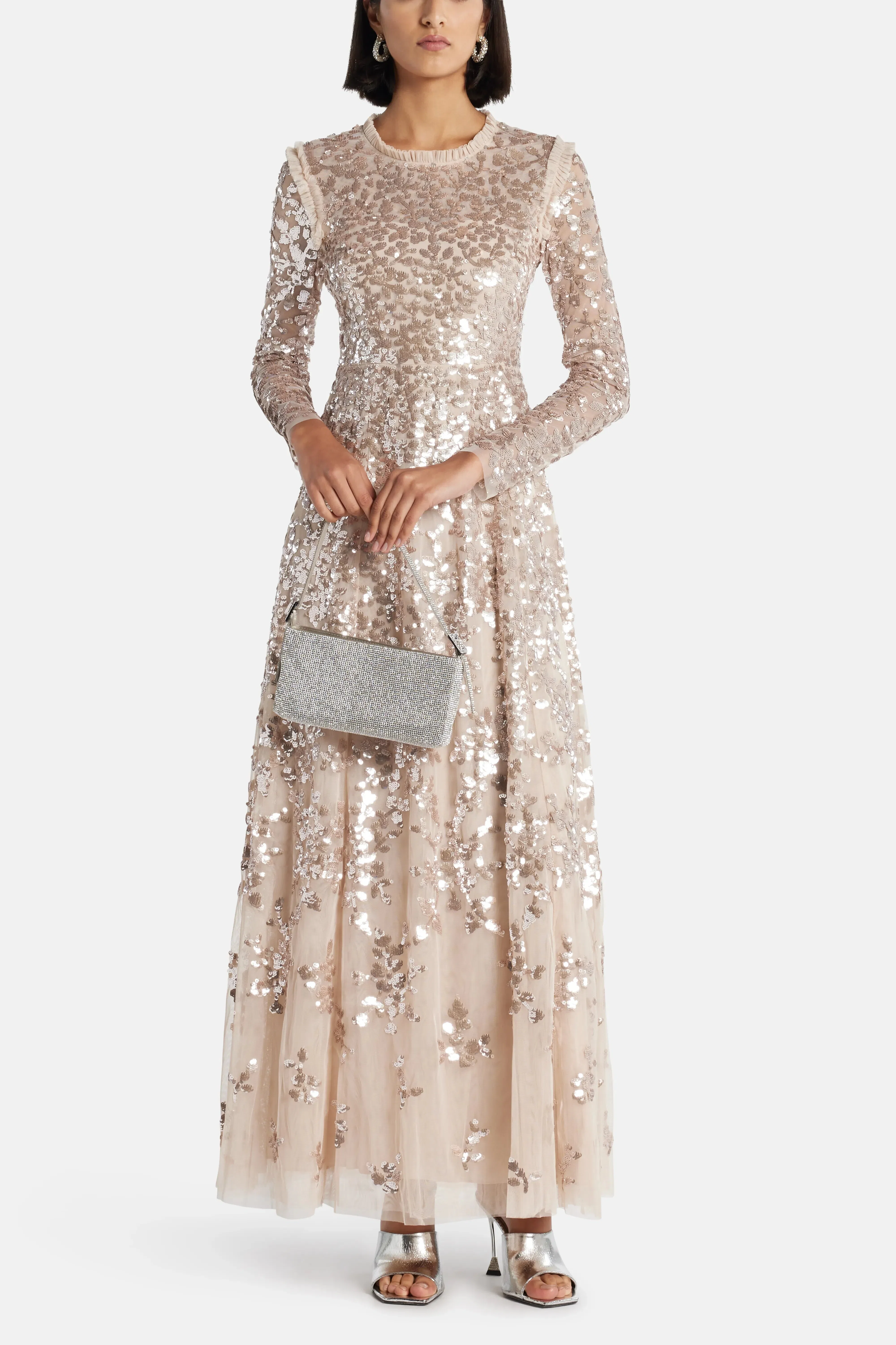 Needle & Thread Rosanna Lattice Sequin Evening Dress in Beige