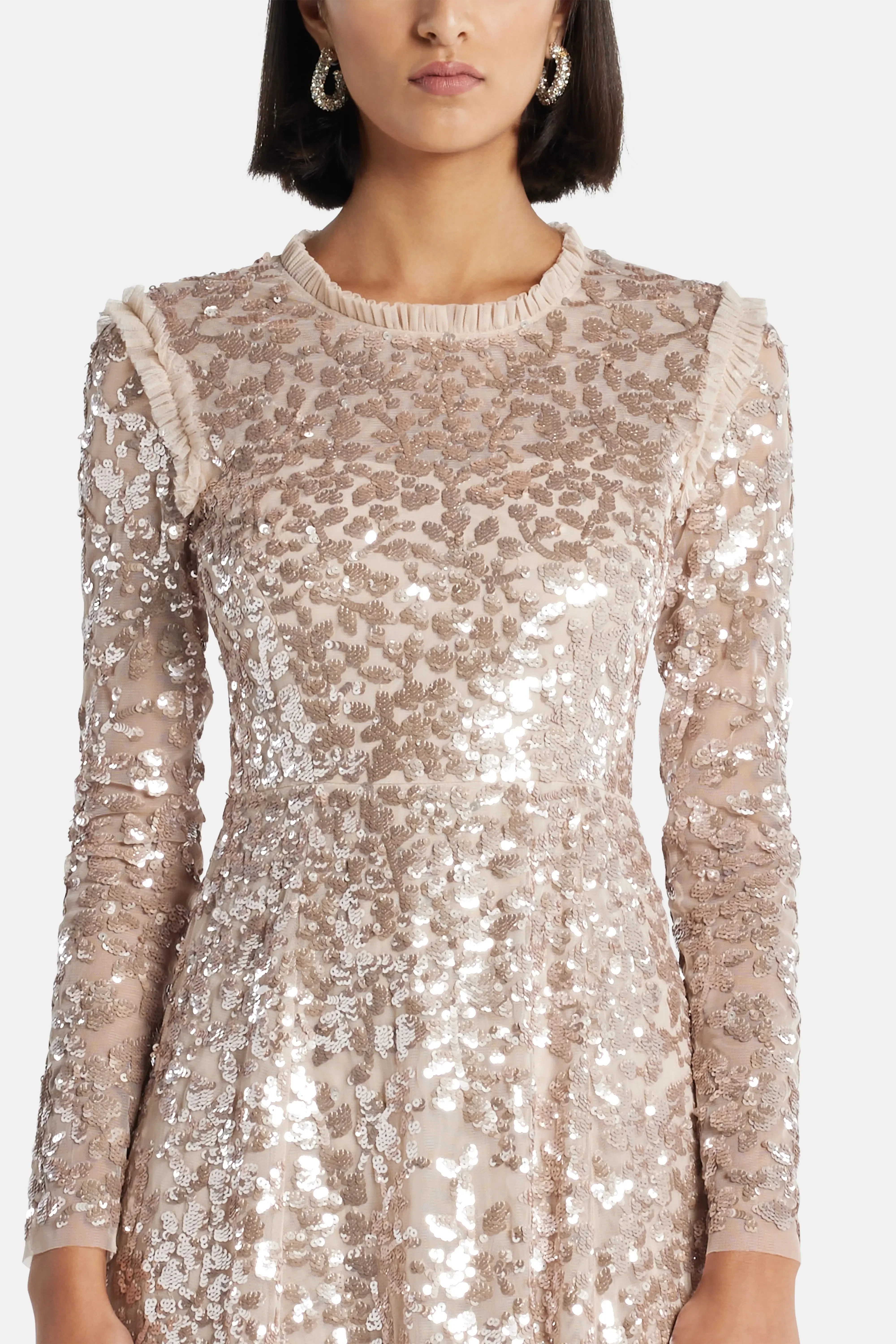 Needle & Thread Rosanna Lattice Sequin Evening Dress in Beige