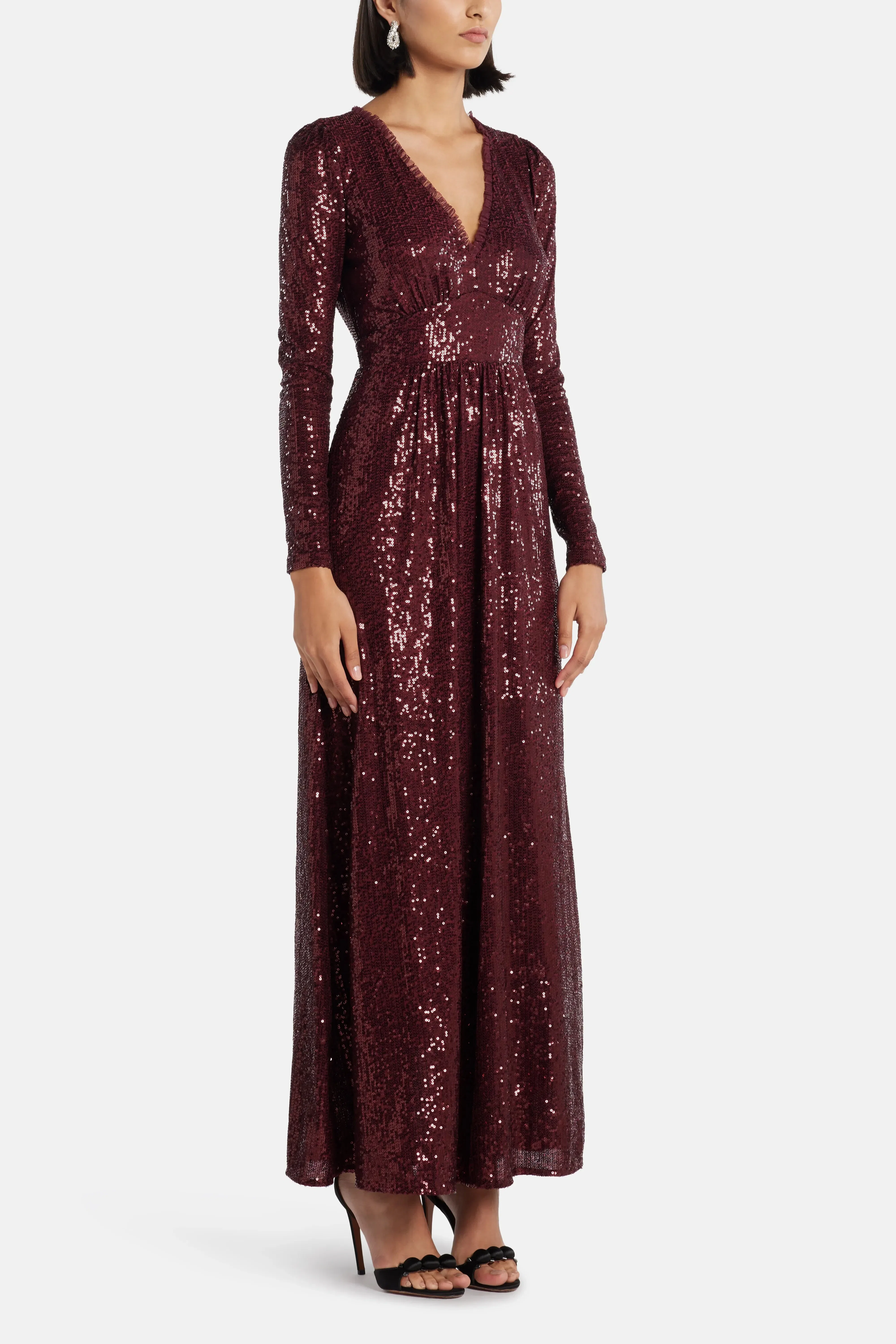 Needle & Thread Chelsea V Neck Sequin Evening Dress in Maroon