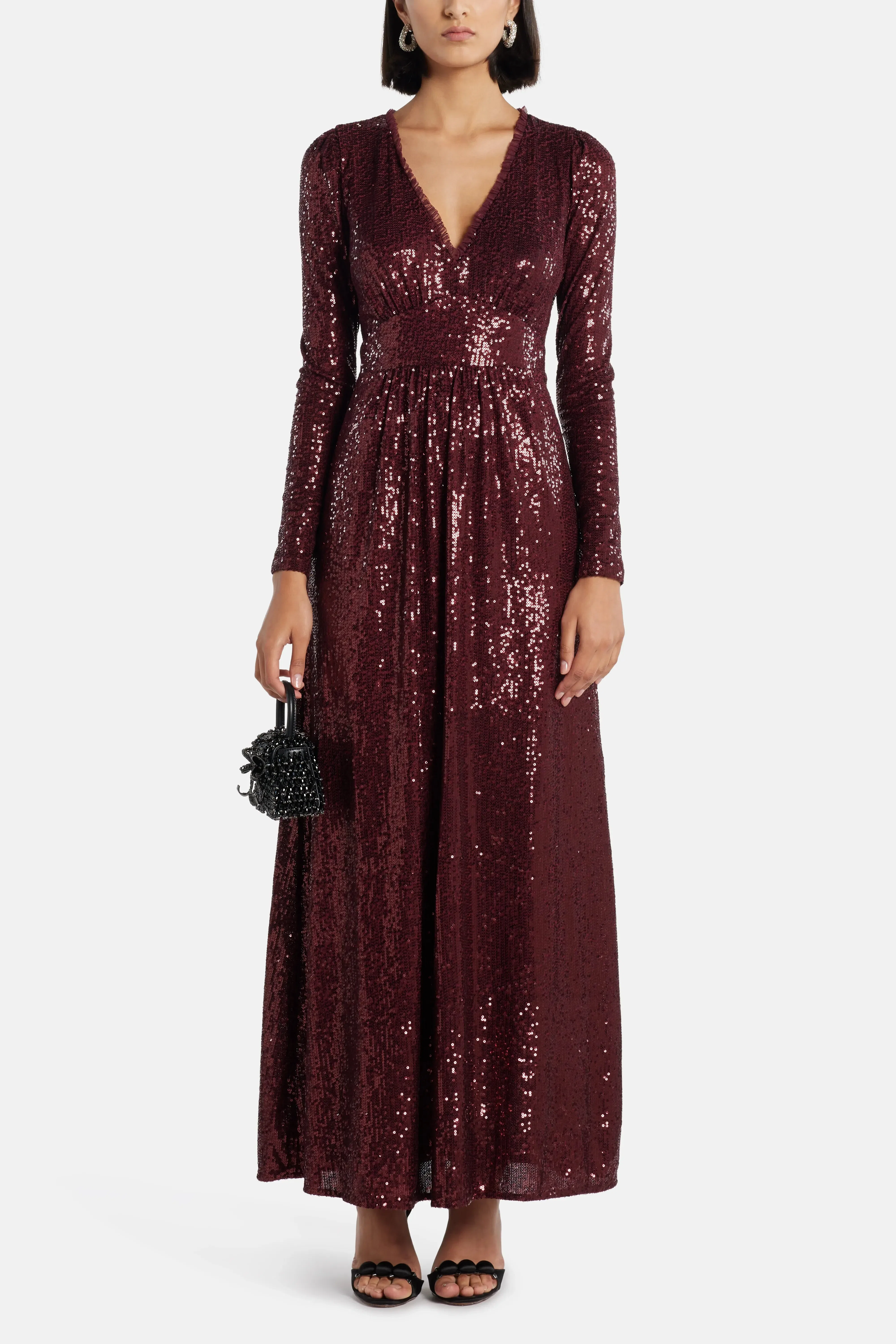 Needle & Thread Chelsea V Neck Sequin Evening Dress in Maroon