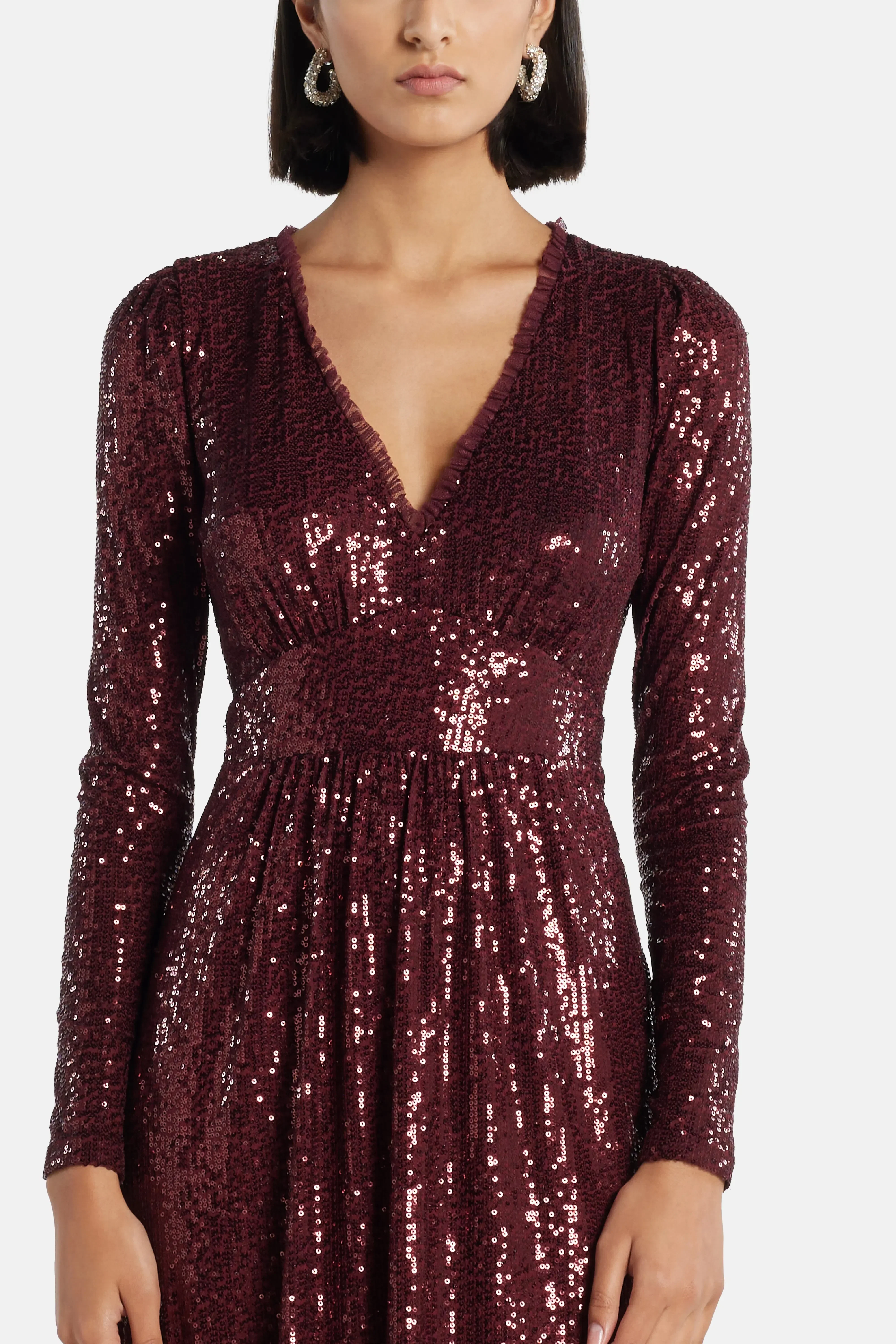Needle & Thread Chelsea V Neck Sequin Evening Dress in Maroon