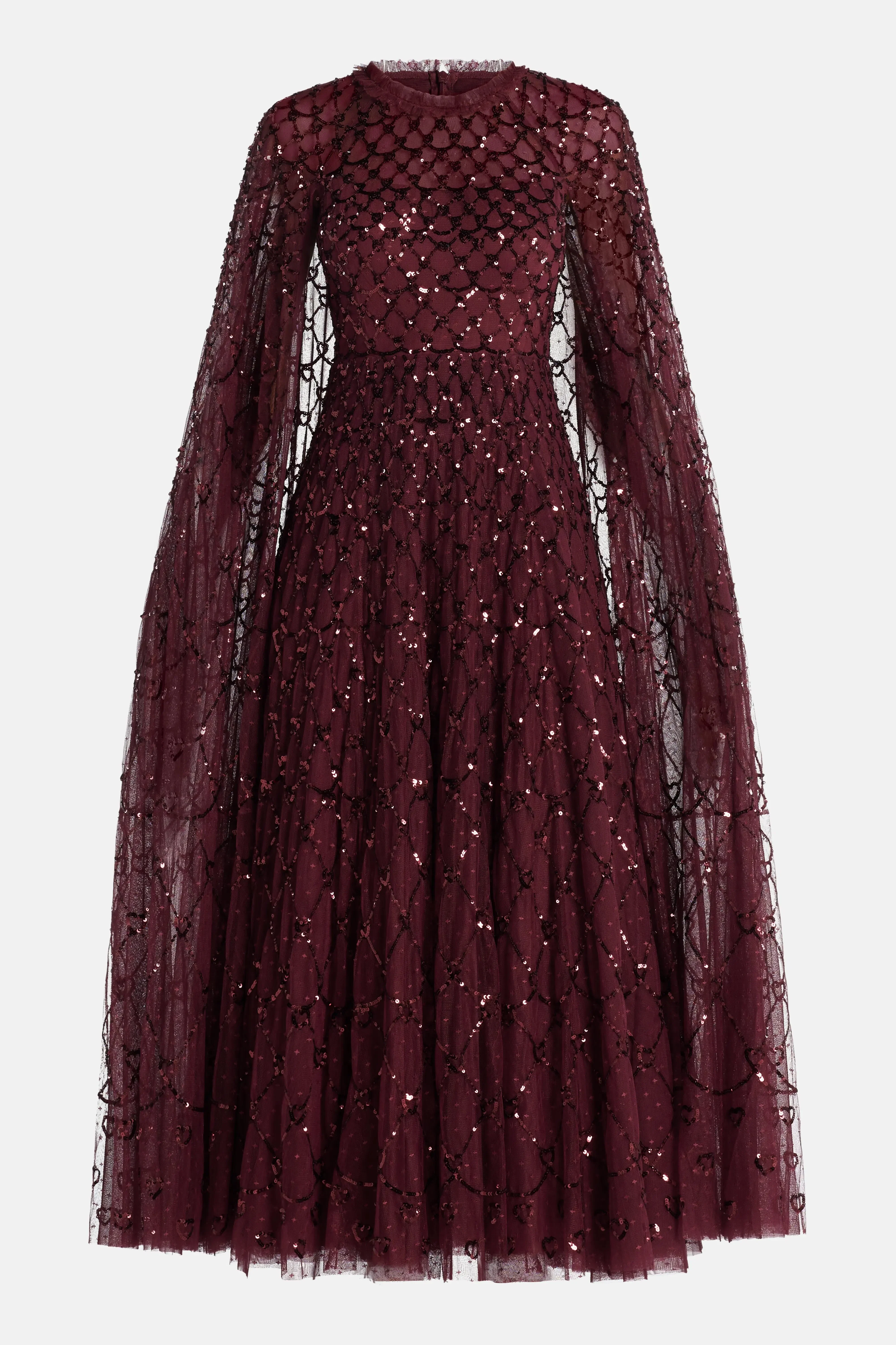 Needle & Thread Heart Lattice Sequin Cape Evening Dress in Maroon