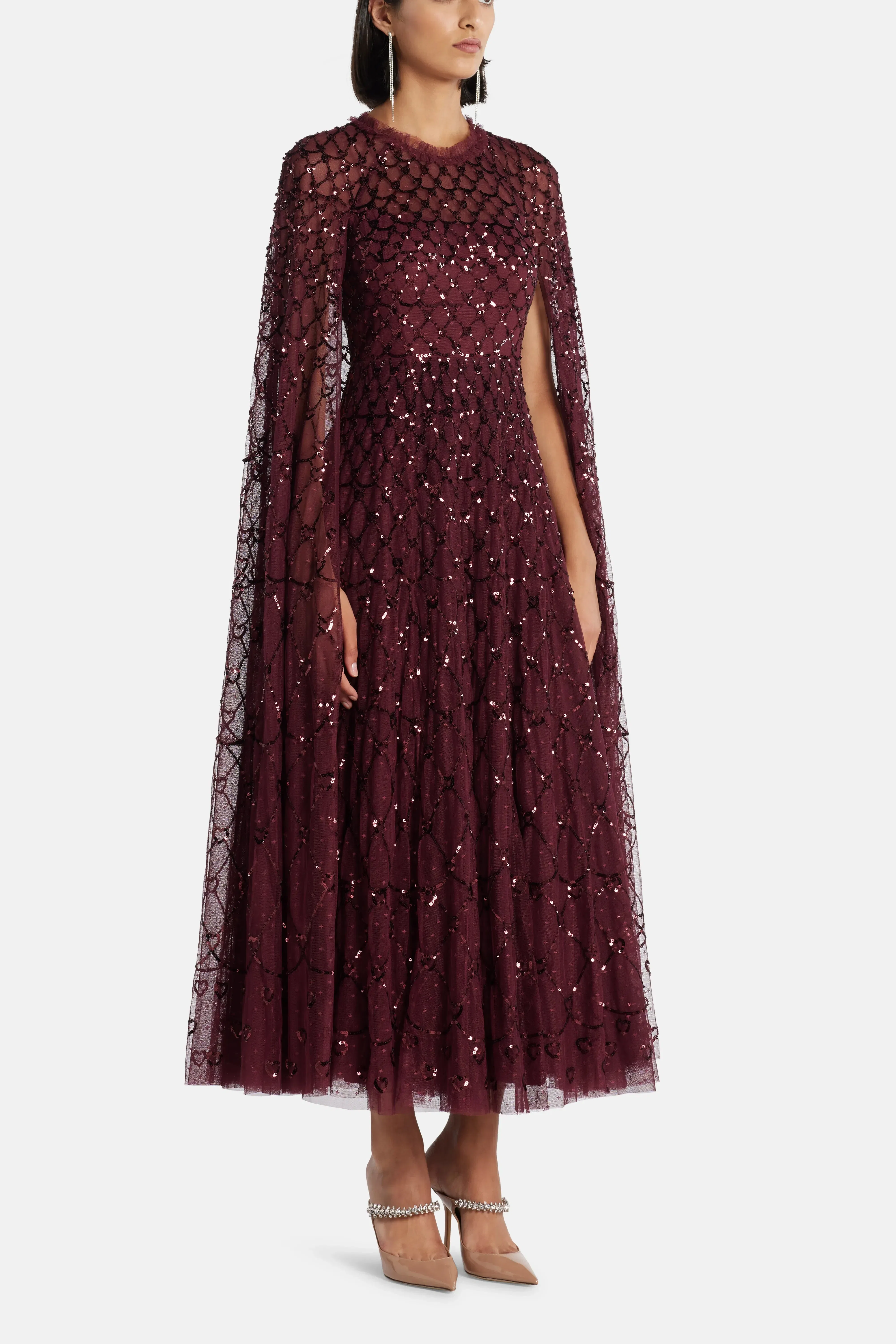 Needle & Thread Heart Lattice Sequin Cape Evening Dress in Maroon