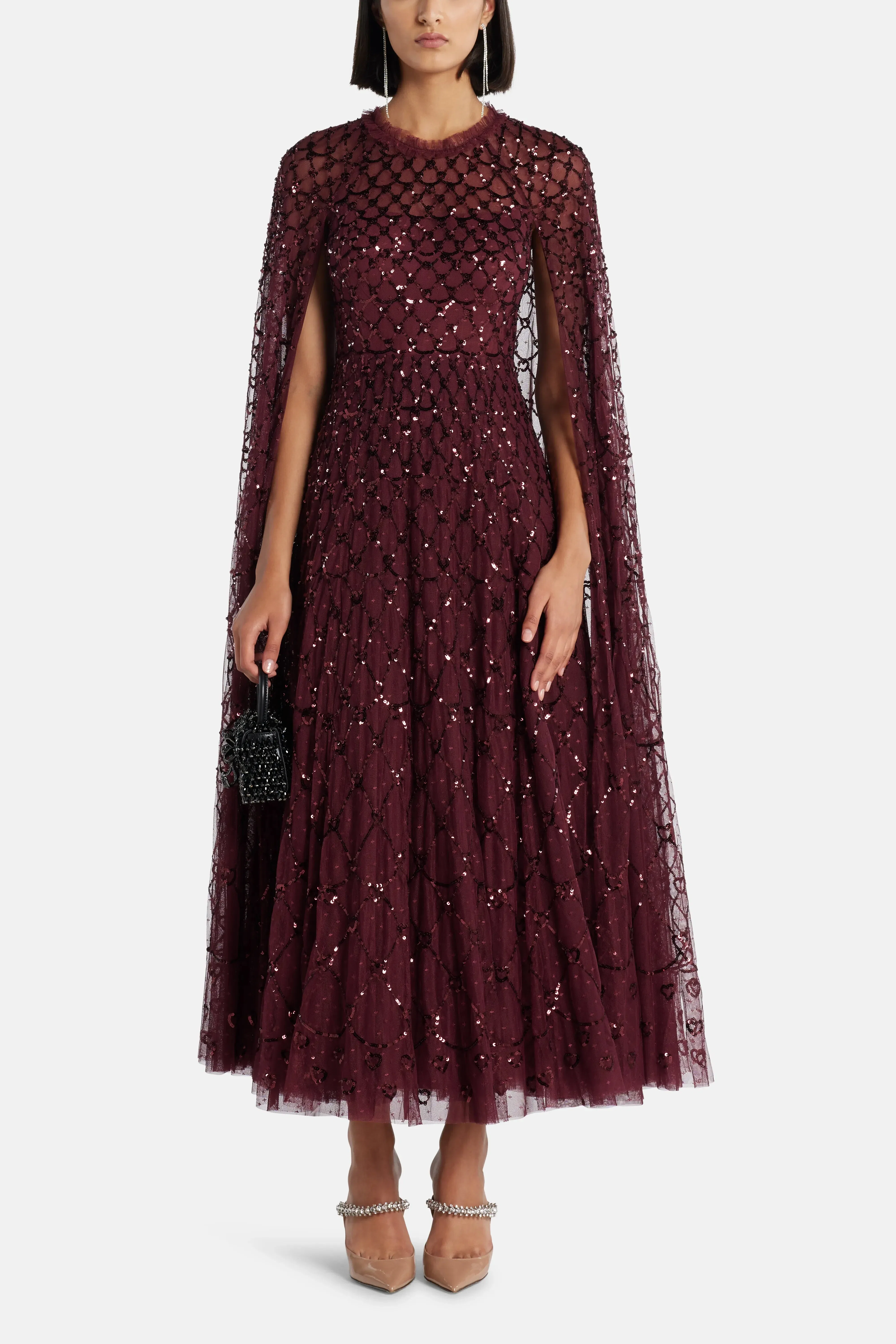 Needle & Thread Heart Lattice Sequin Cape Evening Dress in Maroon
