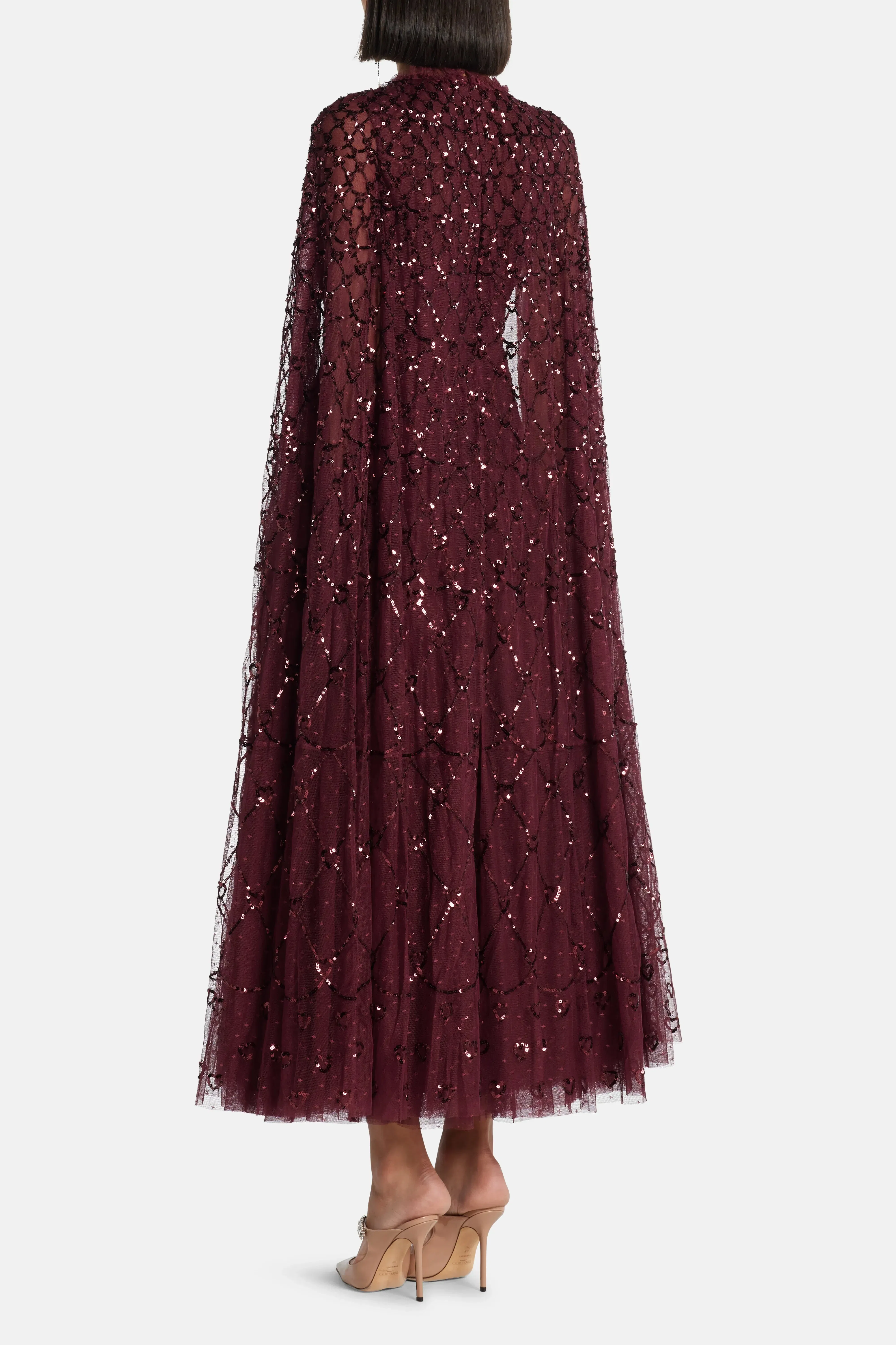 Needle & Thread Heart Lattice Sequin Cape Evening Dress in Maroon