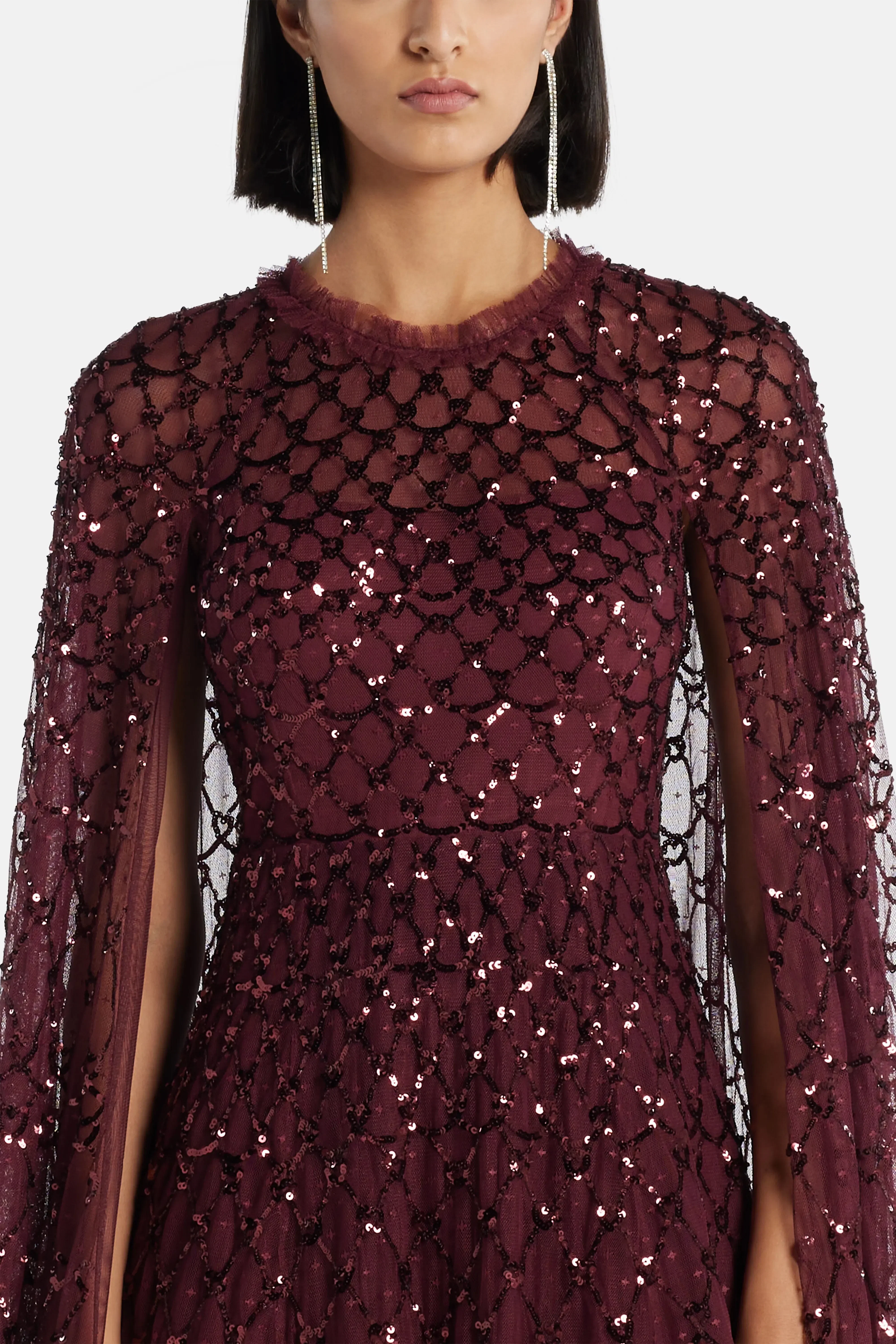 Needle & Thread Heart Lattice Sequin Cape Evening Dress in Maroon