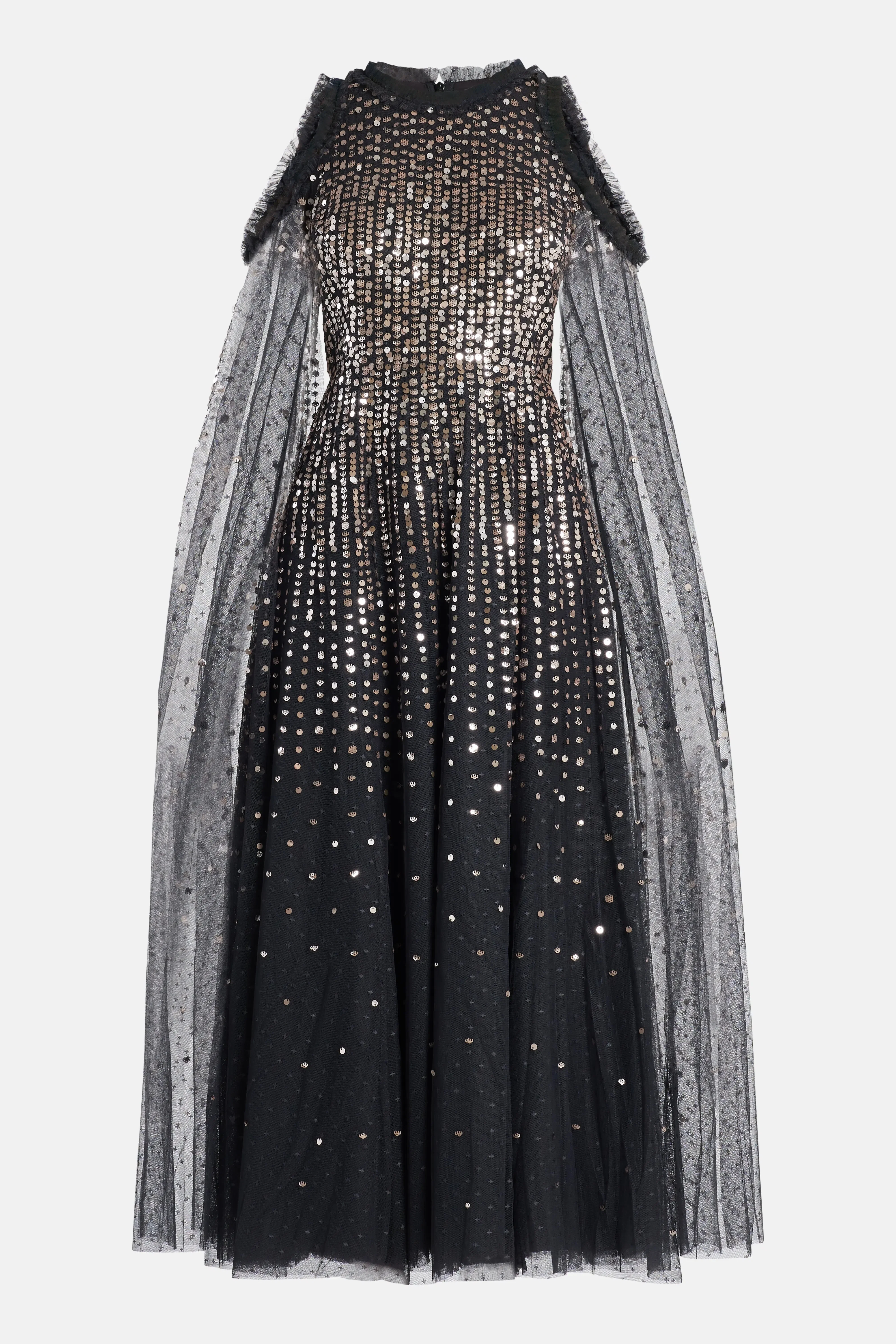 Needle & Thread Moonlight Sequin Cape Sleeve Evening Dress in Black