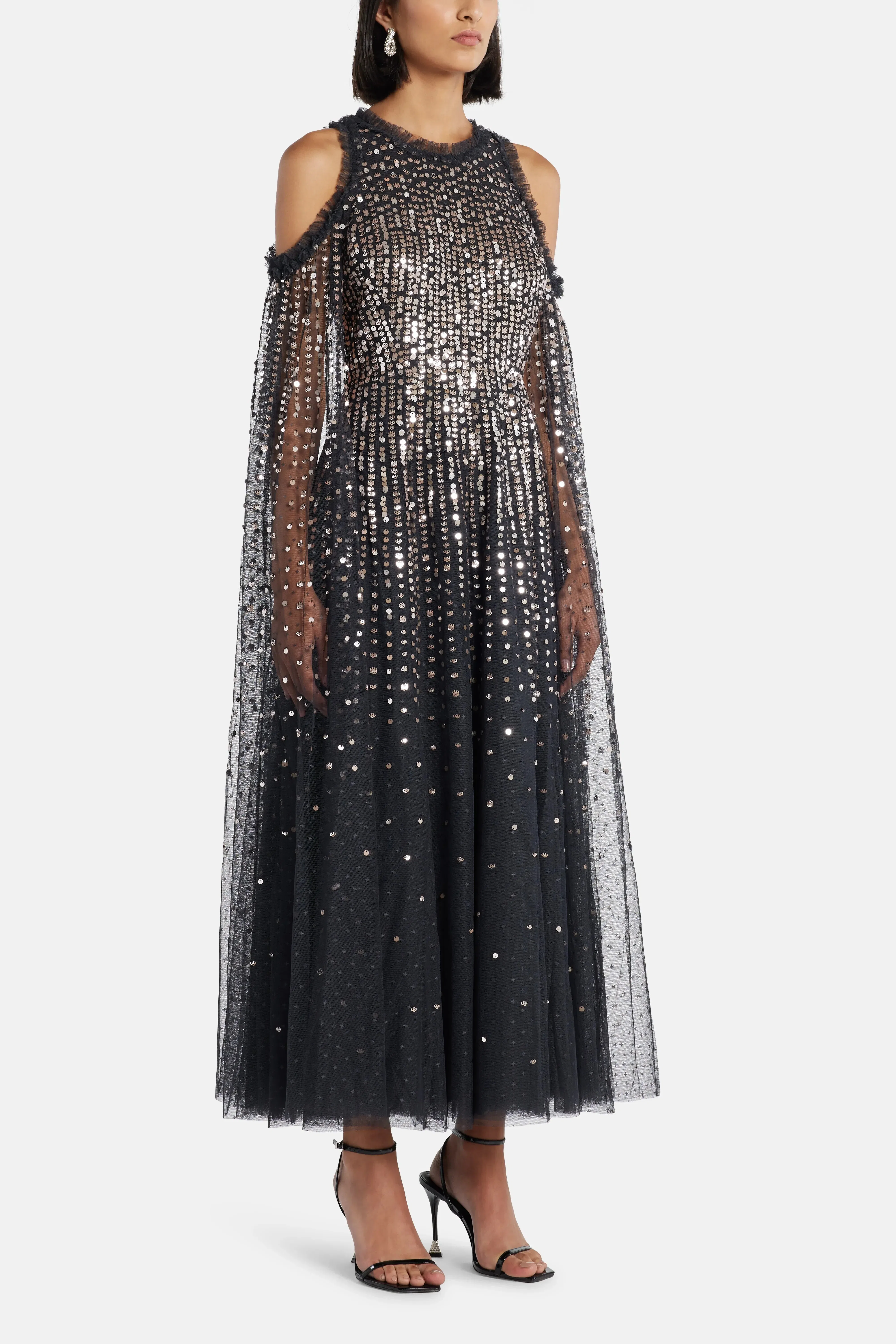 Needle & Thread Moonlight Sequin Cape Sleeve Evening Dress in Black