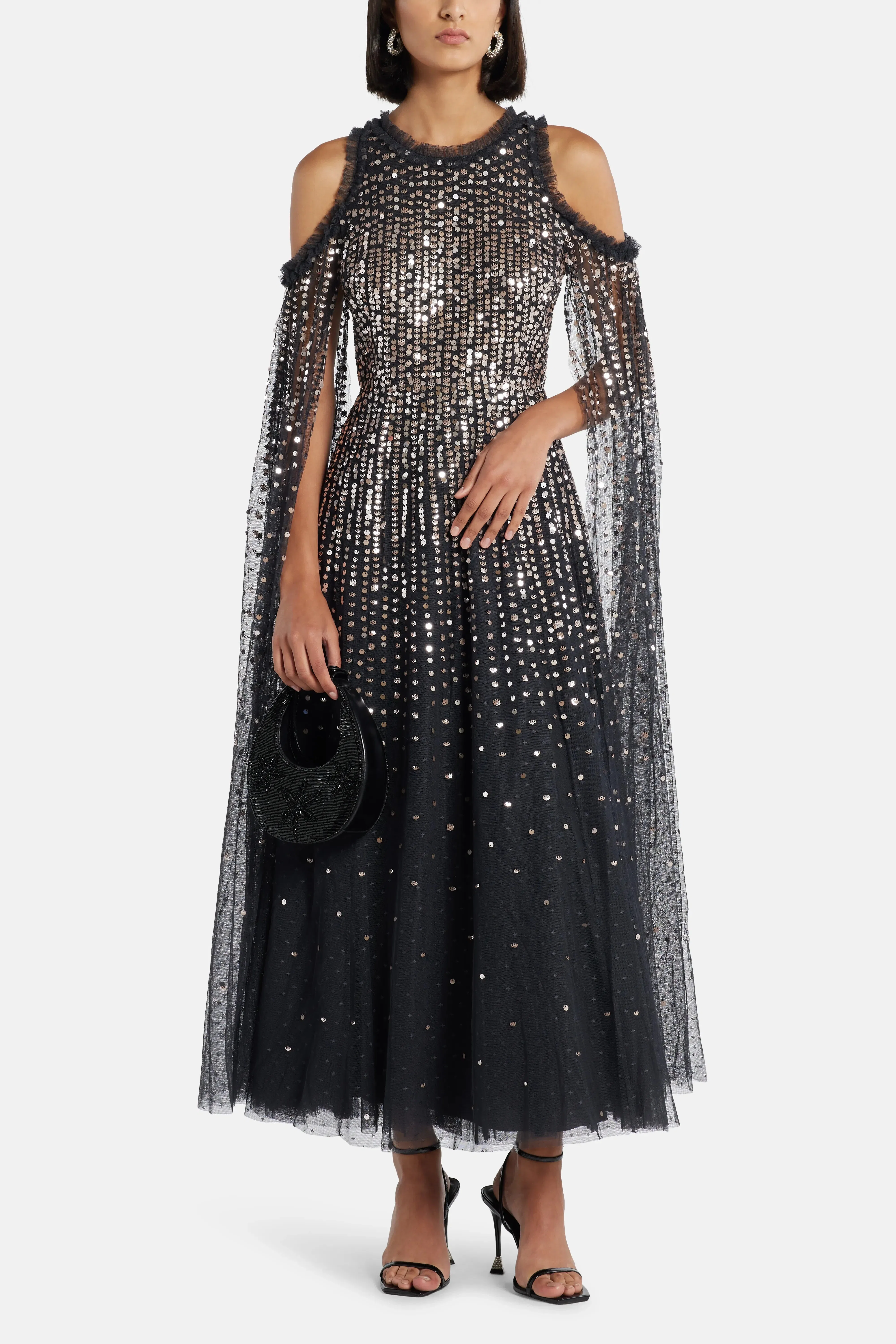 Needle & Thread Moonlight Sequin Cape Sleeve Evening Dress in Black