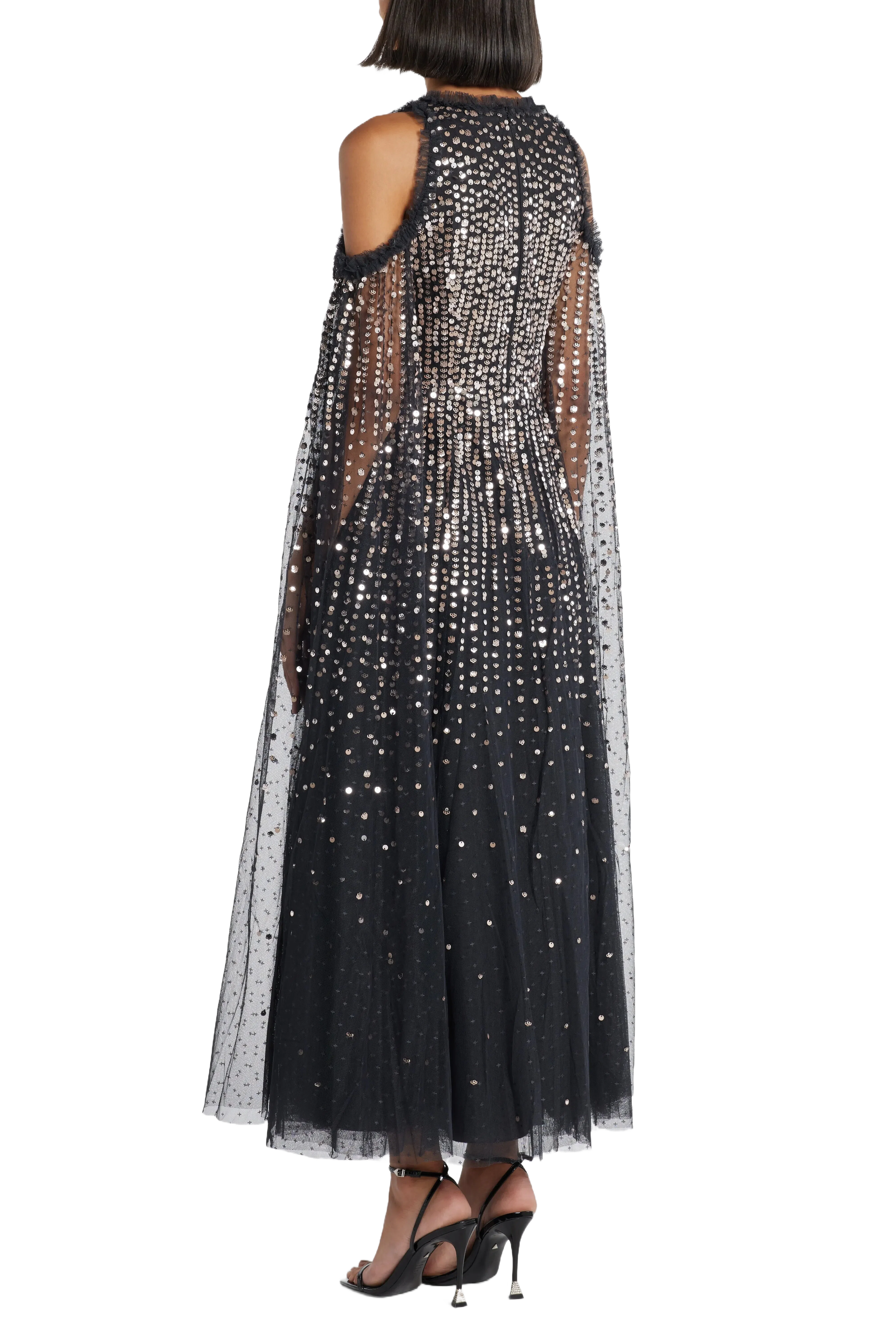 Needle & Thread Moonlight Sequin Cape Sleeve Evening Dress in Black