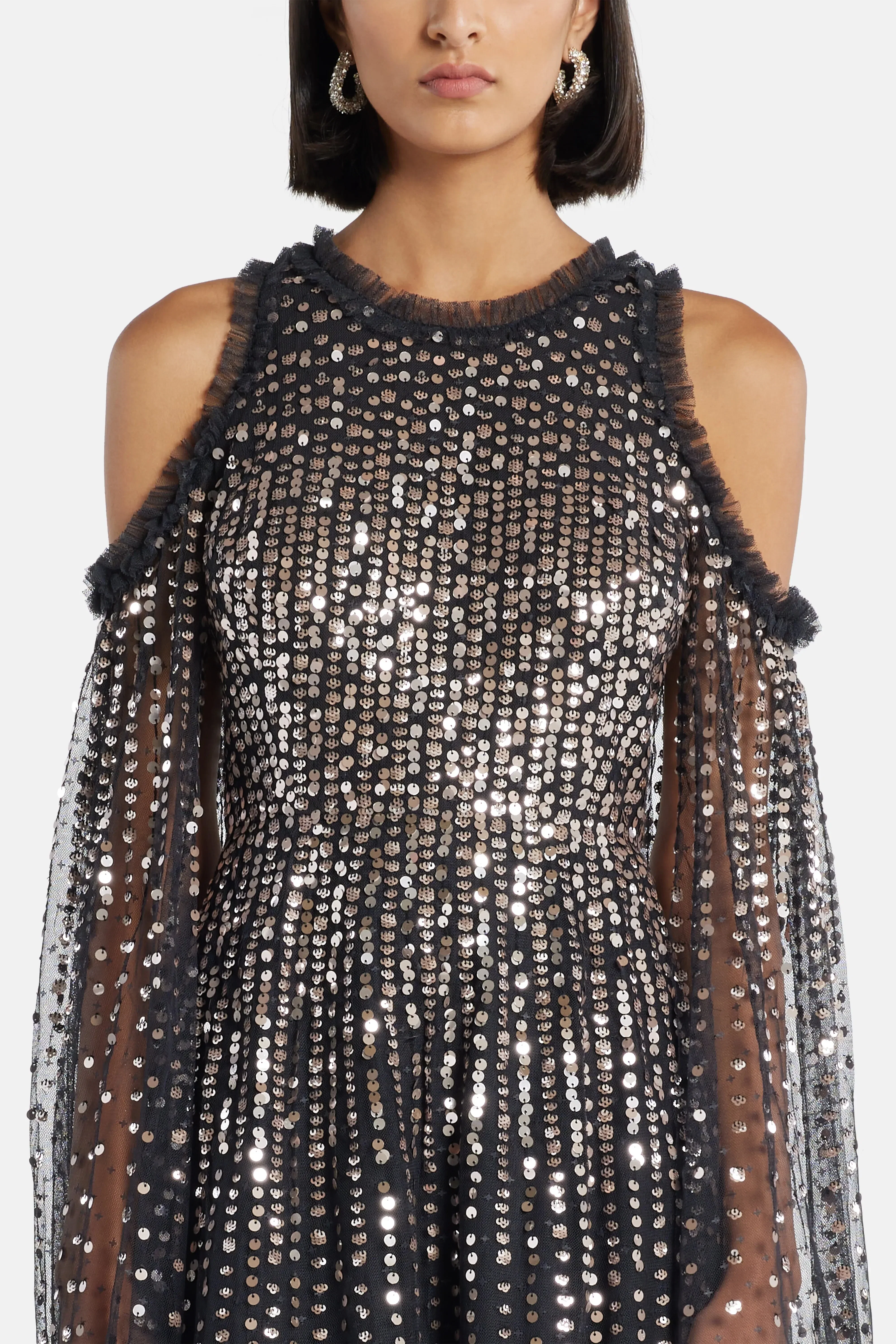 Needle & Thread Moonlight Sequin Cape Sleeve Evening Dress in Black