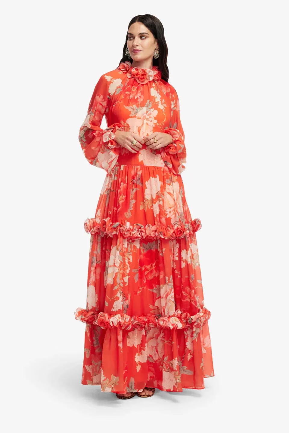 Leo Lin Angela Floral Ruffles Maxi Dress in Orange