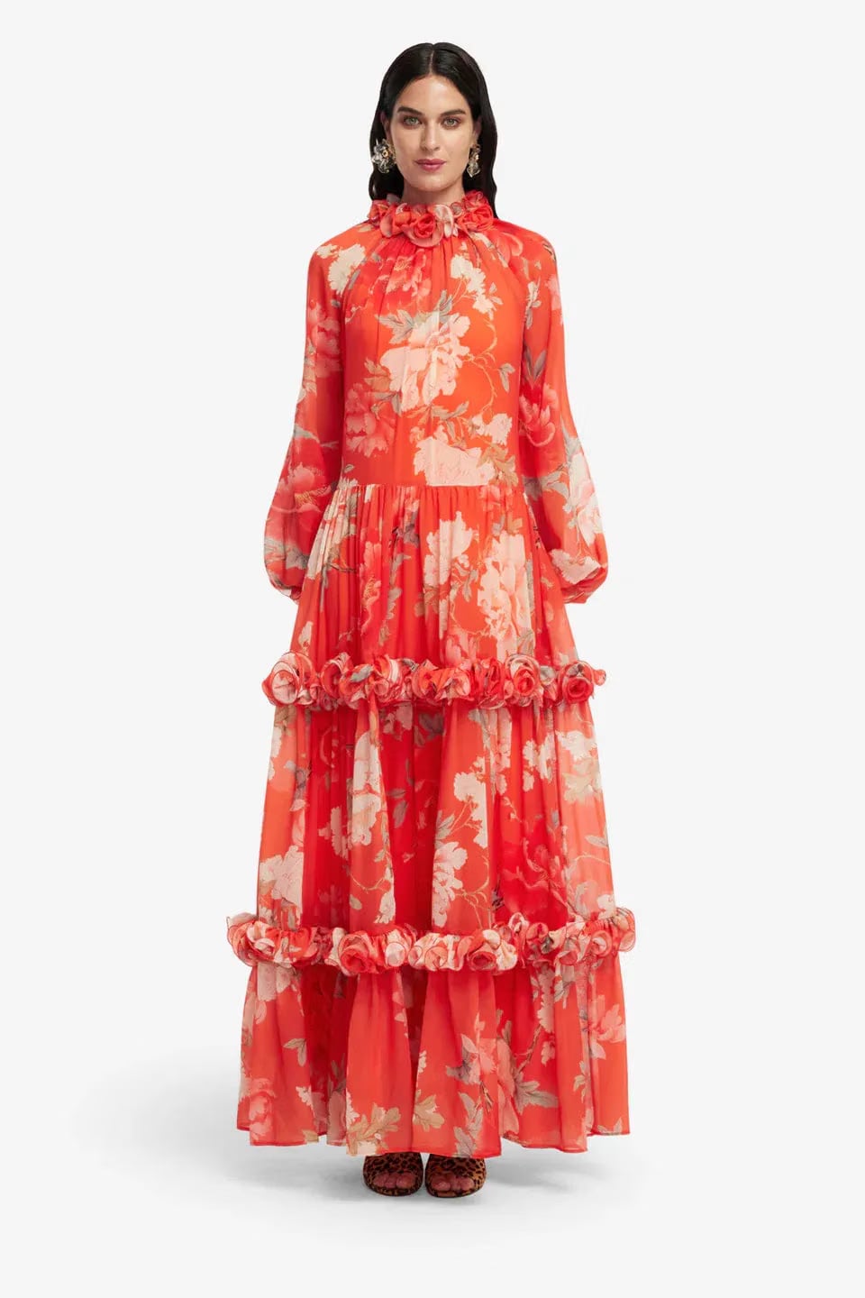 Leo Lin Angela Floral Ruffles Maxi Dress in Orange