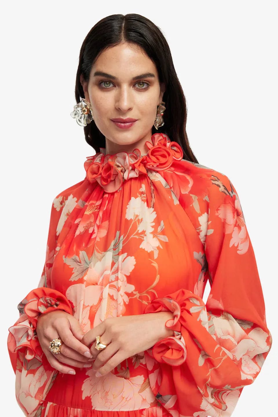 Leo Lin Angela Floral Ruffles Maxi Dress in Orange