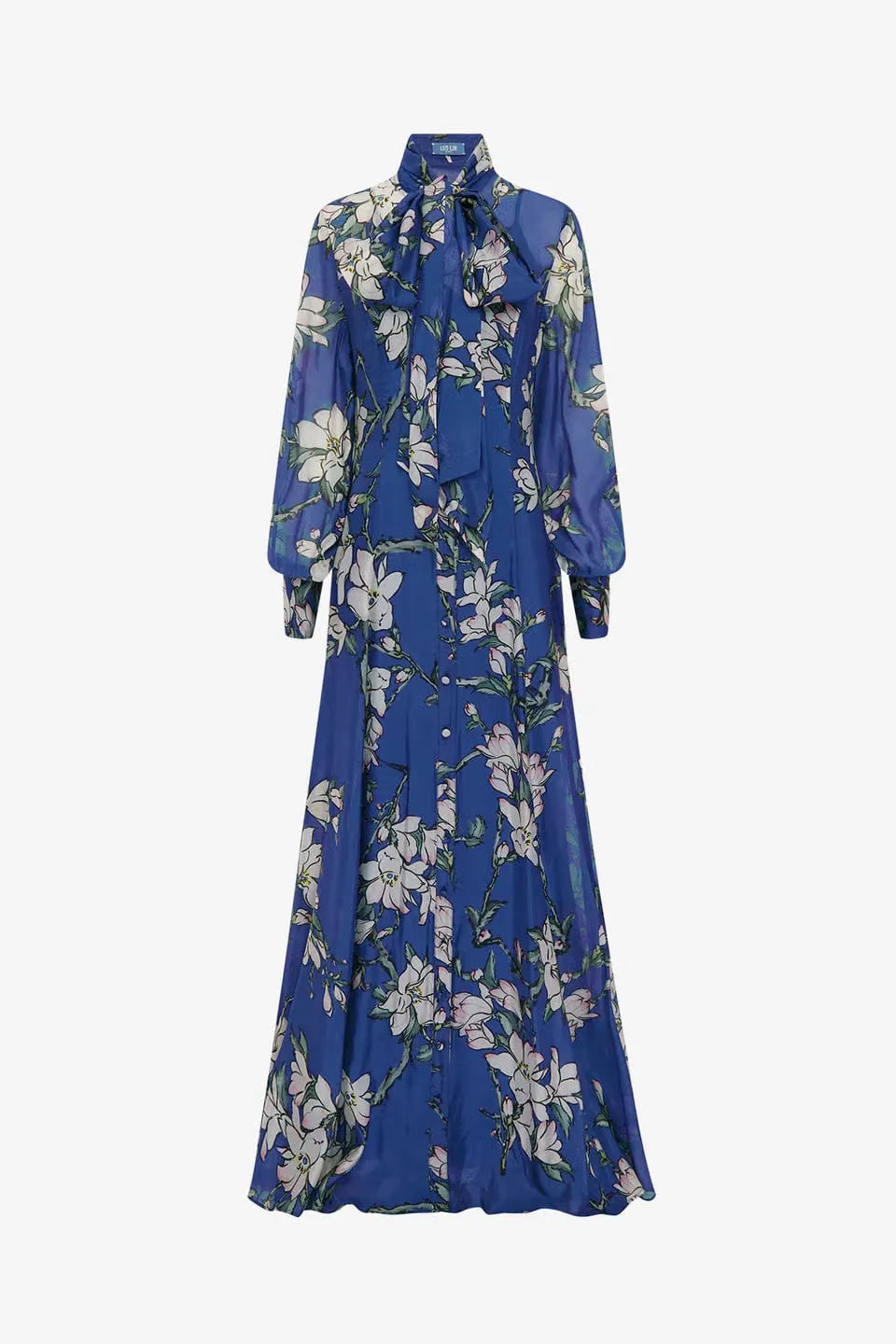 Leo Lin Lilith Floral Tie Neck Silk Maxi Dress in Blue