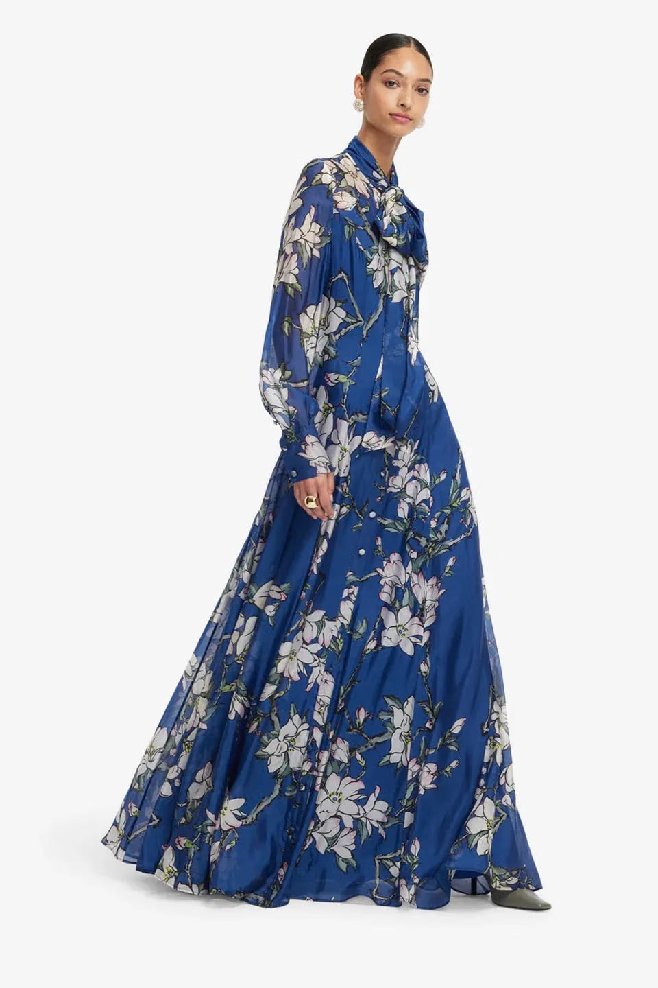 Leo Lin Lilith Floral Tie Neck Silk Maxi Dress in Blue