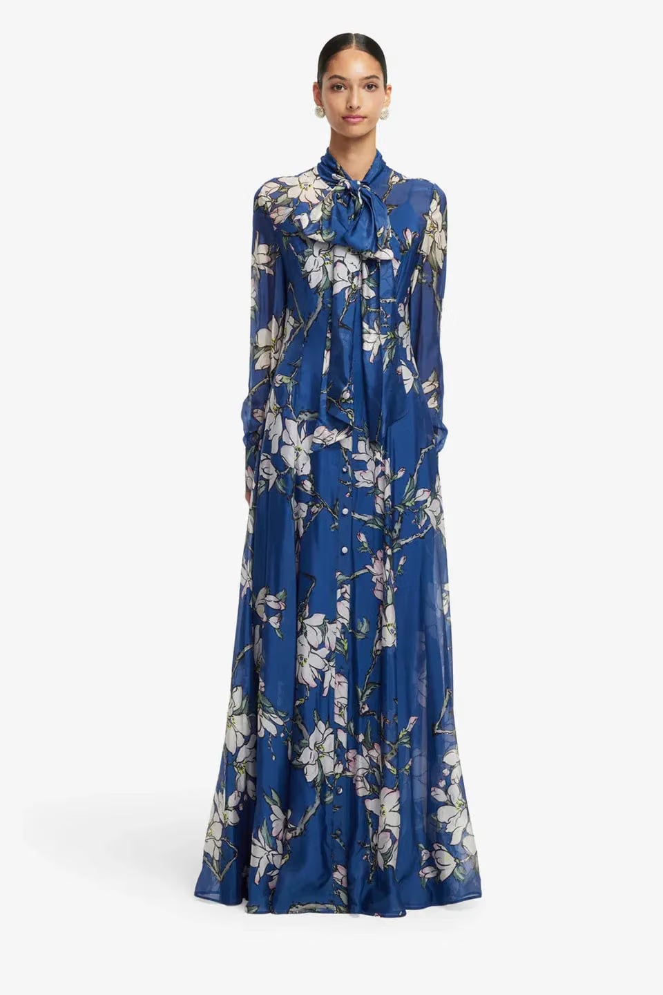 Leo Lin Lilith Floral Tie Neck Silk Maxi Dress in Blue