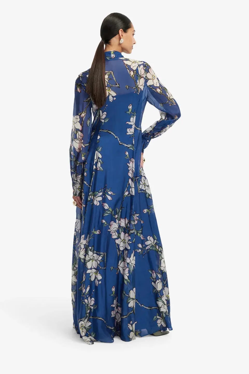 Leo Lin Lilith Floral Tie Neck Silk Maxi Dress in Blue