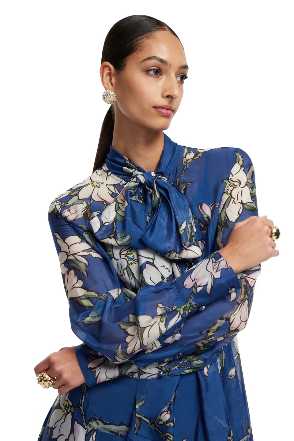 Leo Lin Lilith Floral Tie Neck Silk Maxi Dress in Blue