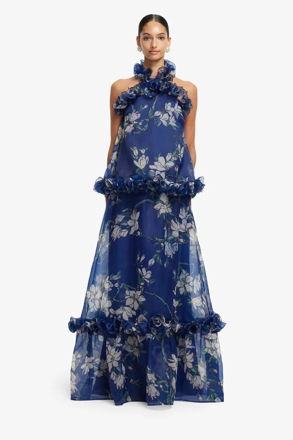 Leo Lin Paige Floral Ruffles Maxi Skirt in Blue